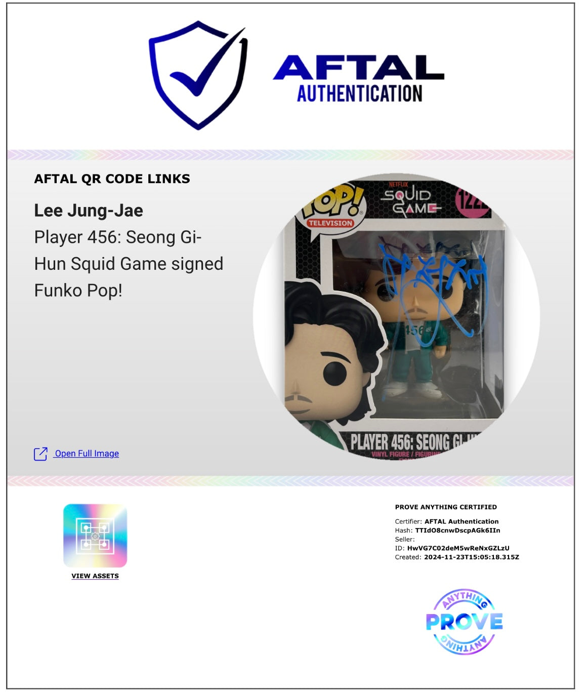 LEE JUNG-JAE SIGNED SQUID GAME #1222 FUNKO POP! (AFTAL AUTHENTICATED)