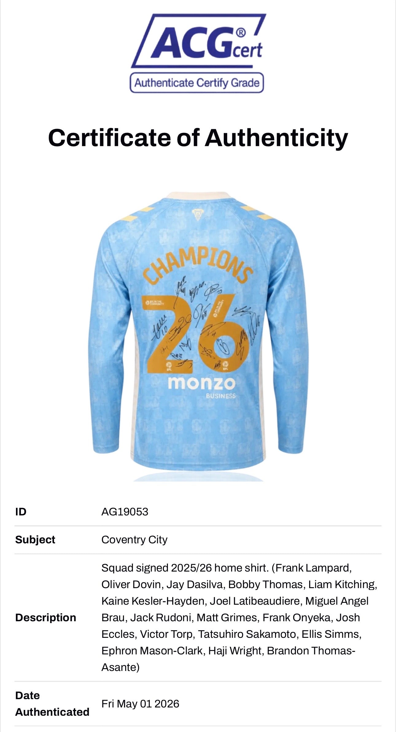 COVENTRY CITY FC 2025/26 CHAMPIONS SQUAD SIGNED HOME SHIRT (ACG CERT AG19053)