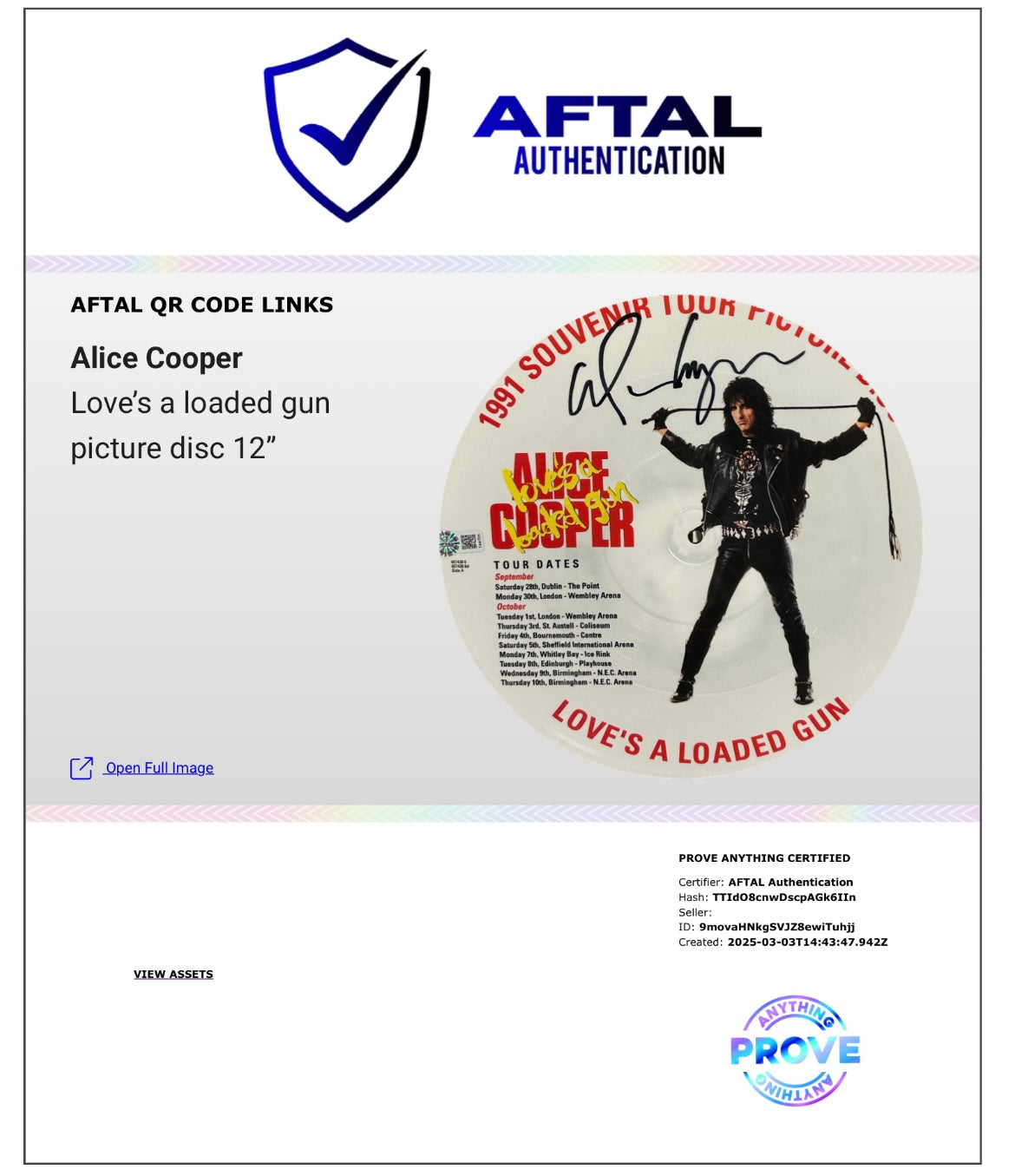 ALICE COOPER LOVE’S A LOADED GUN SIGNED PICTURE DISC (AFTAL AUTHENTICATED)