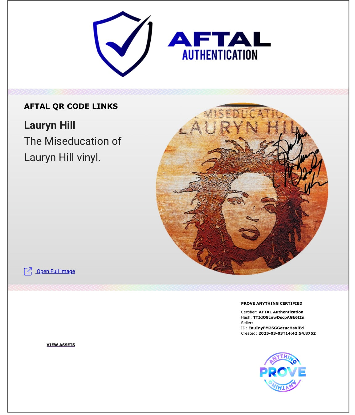 LAURYN HILL SIGNED THE MISEDUCATION OF LAURYN HILL VINYL (AFTAL AUTHENTICATED)