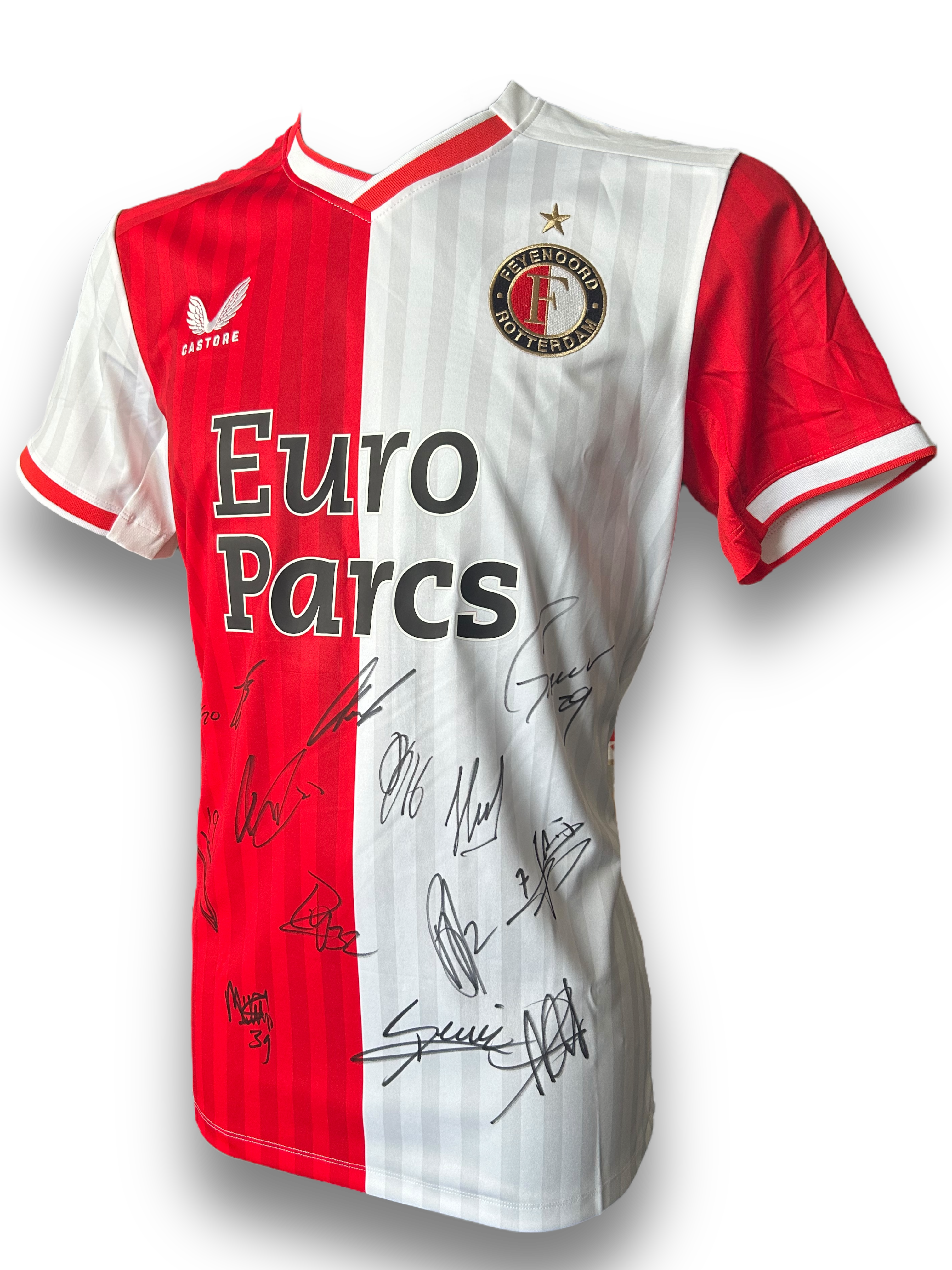 FEYENOORD SIGNED 2023/24 HOME SQUAD SHIRT SLOT, GIMENEZ, STENGS (ACG CERT AG17629)