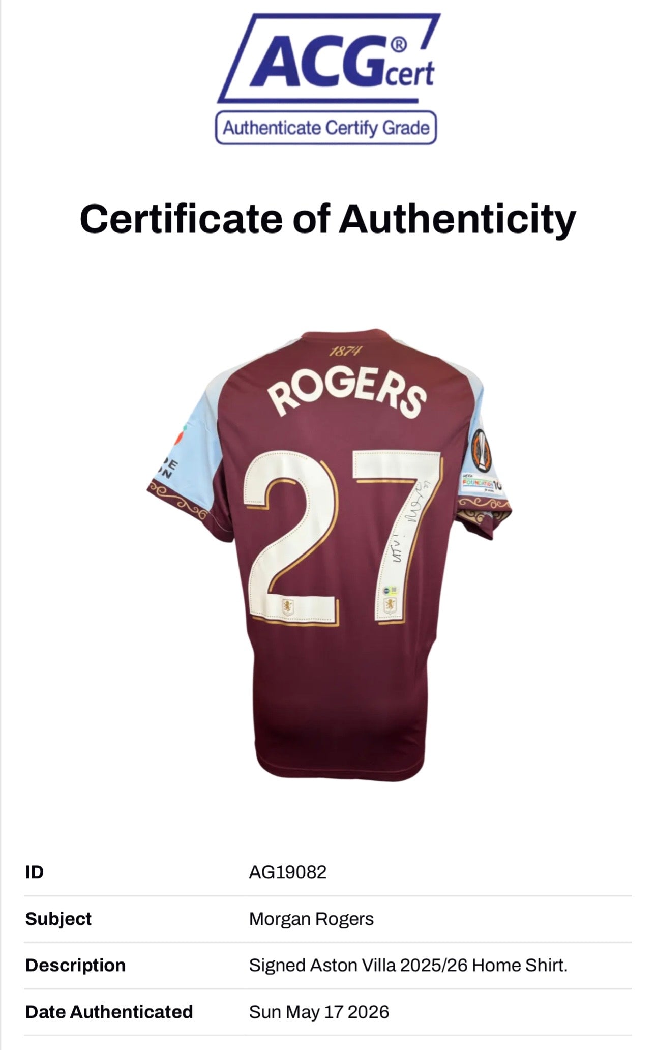 MORGAN ROGERS SIGNED 25/26 ASTON VILLA HOME UEL SHIRT (ACG CERT AG19082)