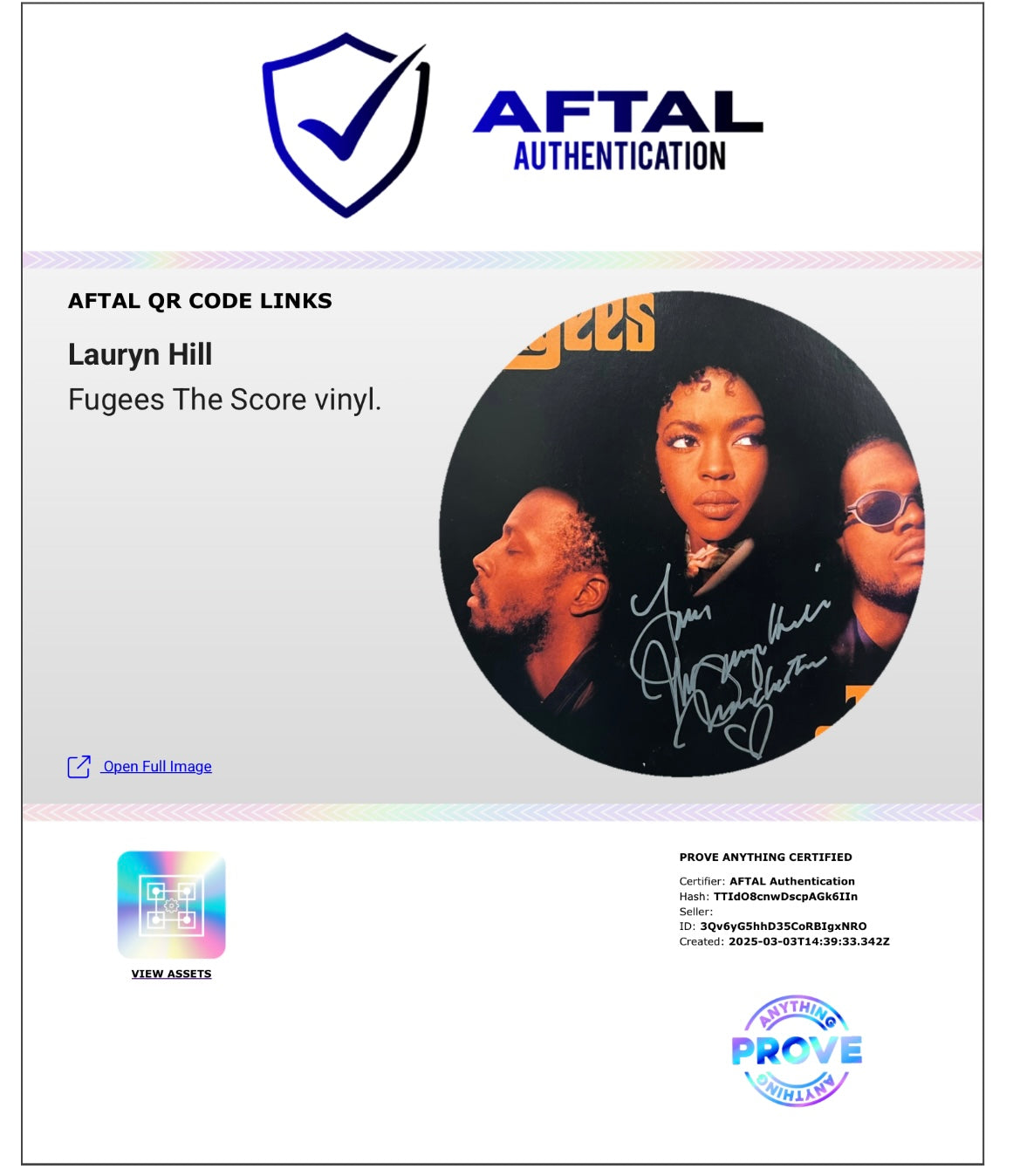 LAURYN HILL SIGNED FUGEES THE SCORE VINYL (AFTAL AUTHENTICATED) 2