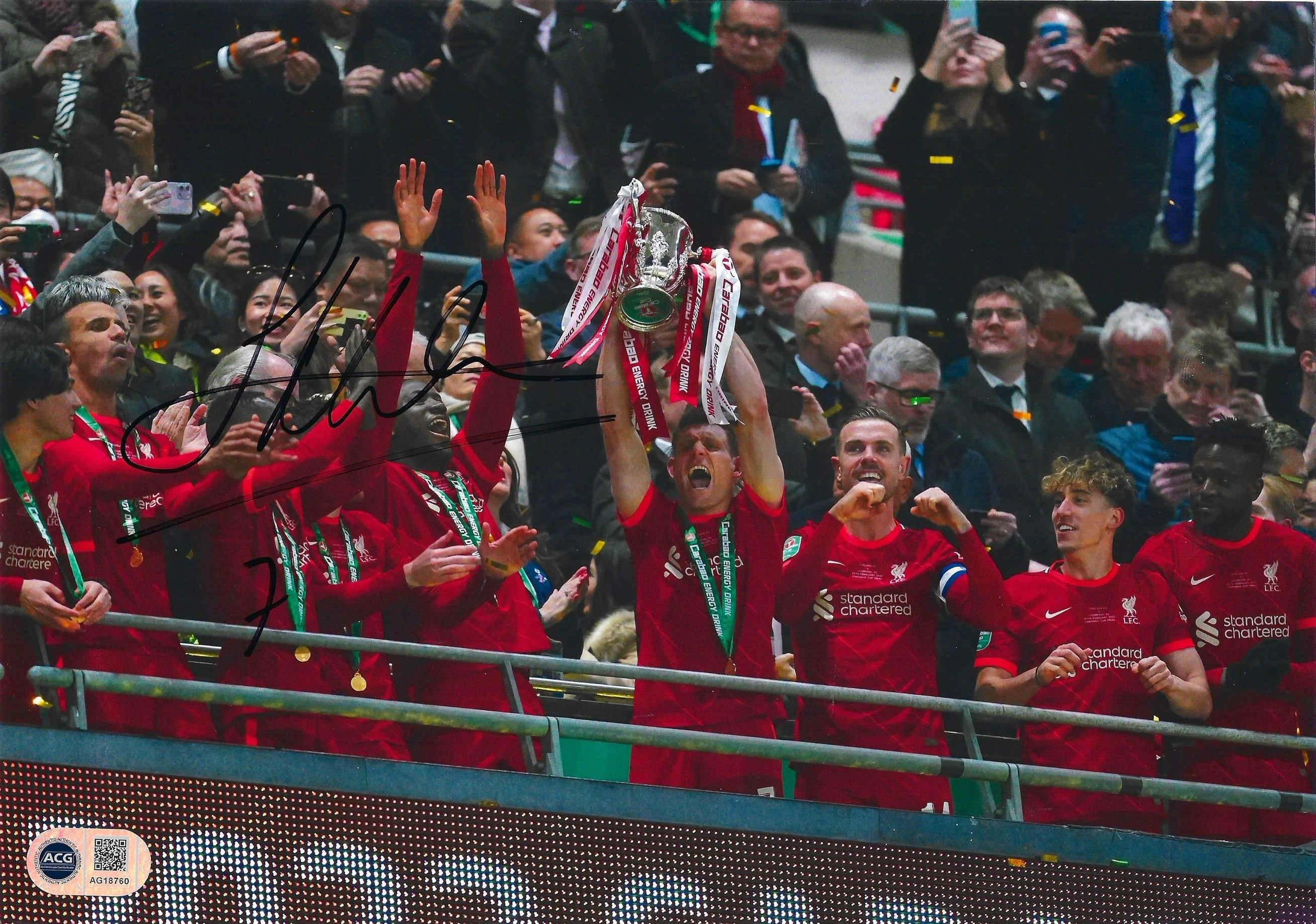 JAMES MILNER SIGNED LIVERPOOL FC CARABAO CUP WIN 12x8 PHOTOGRAPH (ACG CERT AG18760)