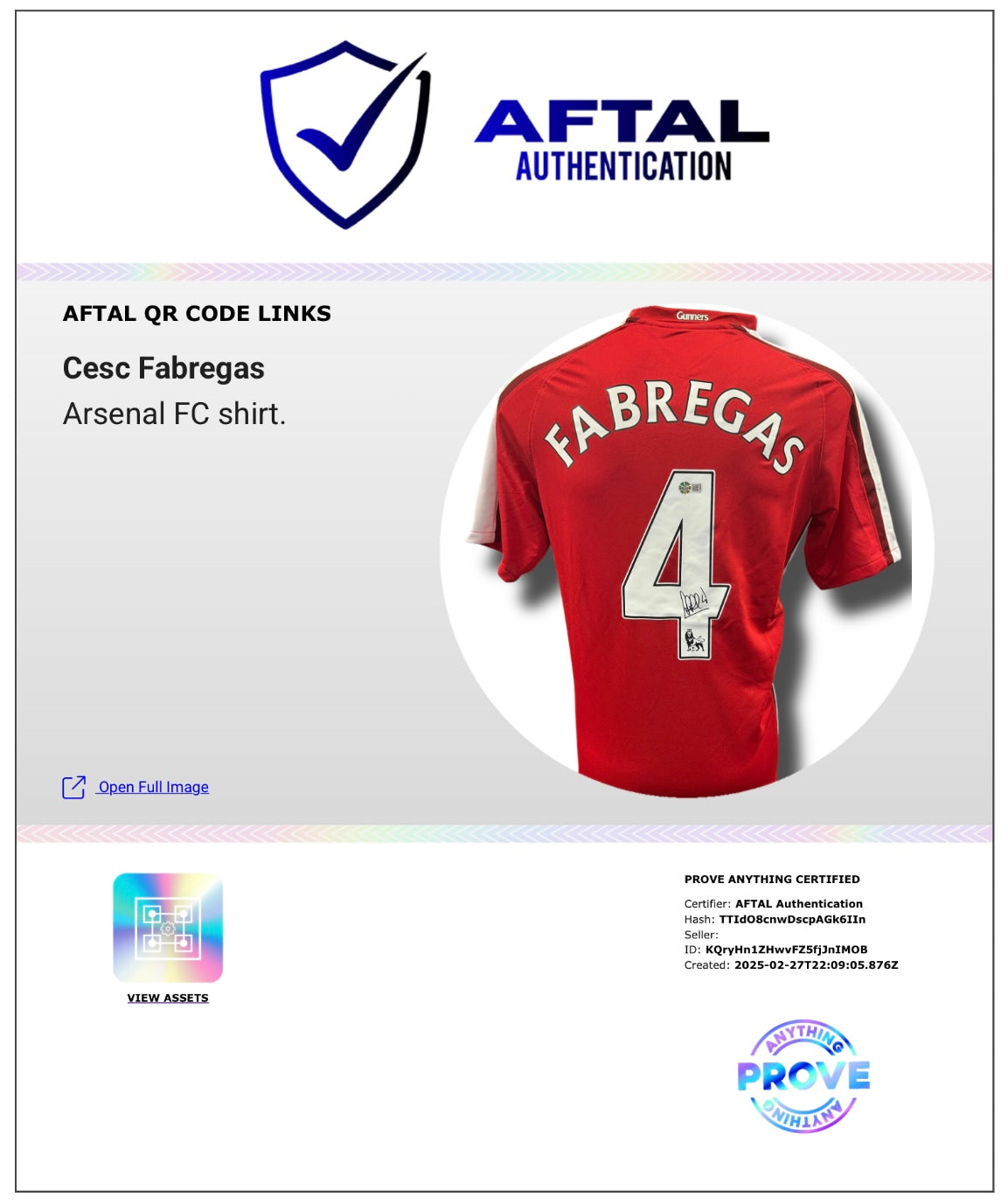 CESC FABREGAS SIGNED ARSENAL FC 2008/10 HOME SHIRT (AFTAL AUTHENTICATED)