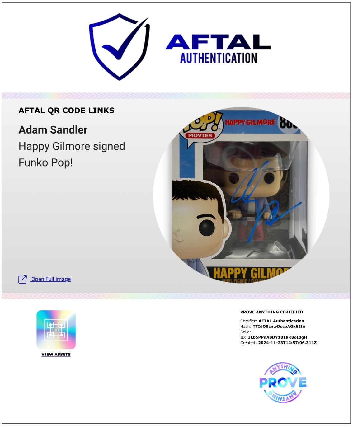 ADAM SANDLER SIGNED HAPPY GILMORE #890 FUNKO POP! (AFTAL AUTHENTICATED) 2