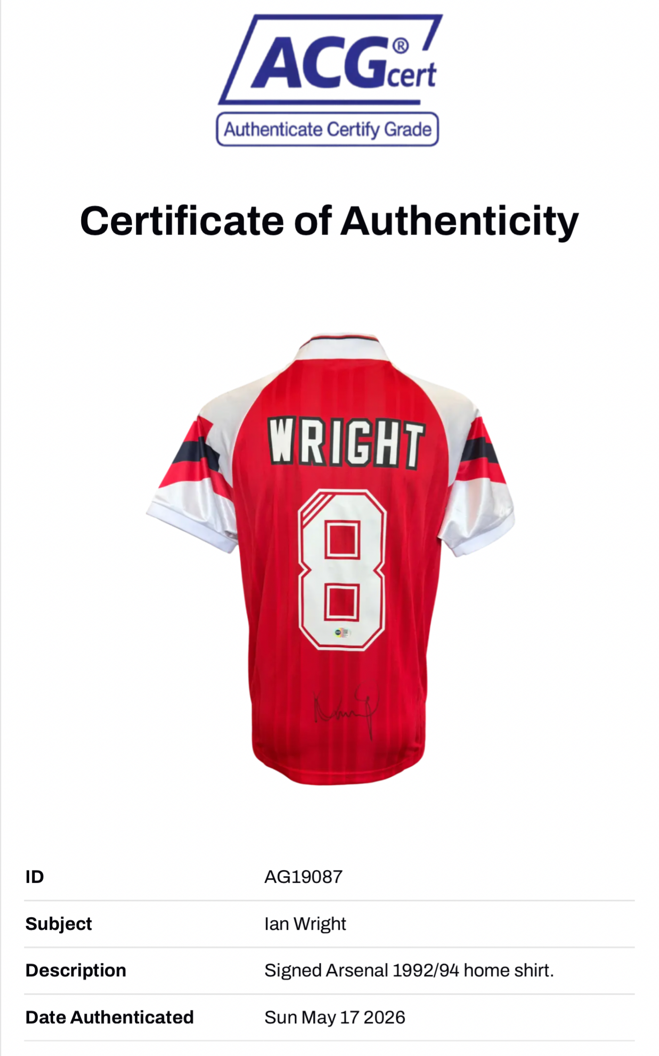 IAN WRIGHT SIGNED ARSENAL FC 1992/94 HOME SHIRT (ACG CERT AG19087)