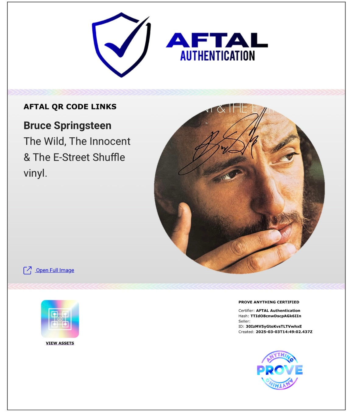 BRUCE SPRINGSTEEN SIGNED THE WILD, INNOCENT & SHUFFLE VINYL LP (AFTAL AUTHENTICATED)