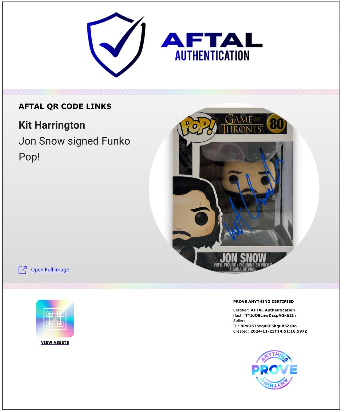 KIT HARINGTON SIGNED JON SNOW GAME OF THRONES #80 FUNKO POP! (AFTAL AUTHENTICATED)