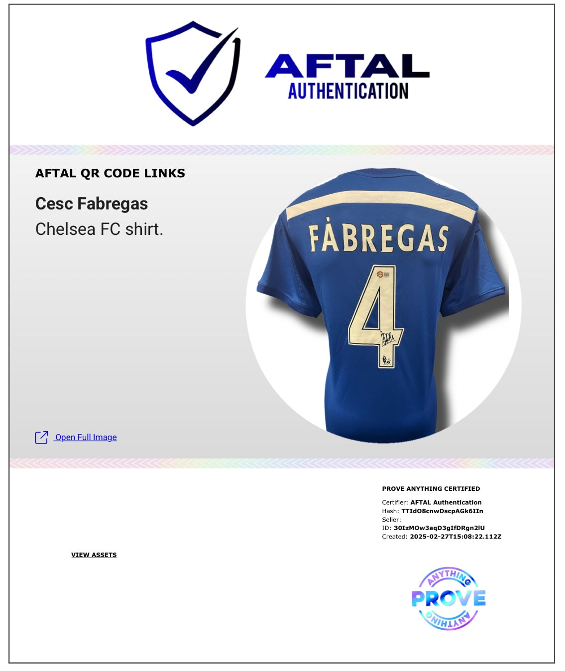 CESC FABREGAS SIGNED CHELSEA FC 2014/15 HOME SHIRT (AFTAL AUTHENTICATED)