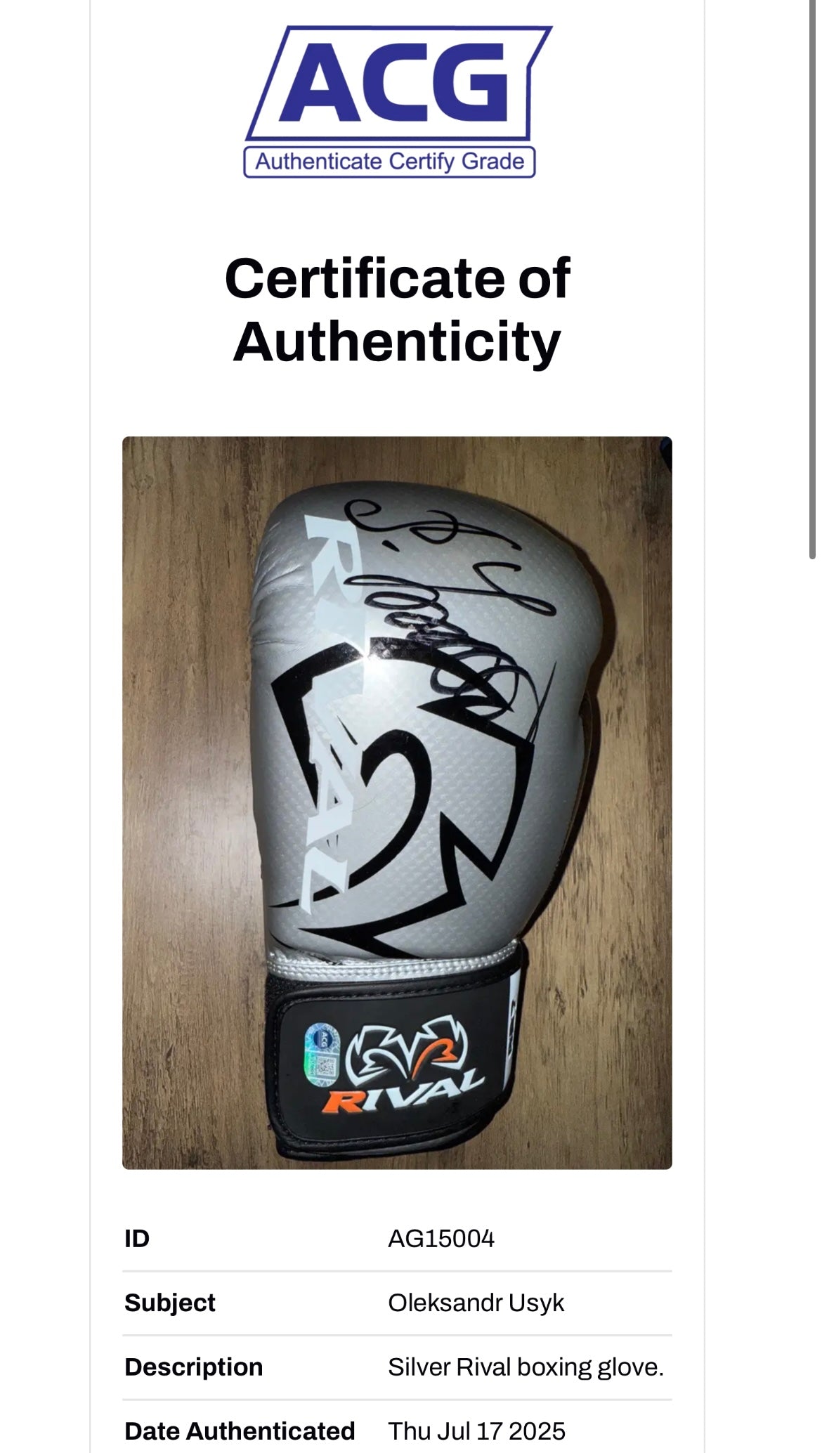 OLEKSANDR USYK SIGNED RIVAL SILVER BOXING GLOVE (ACG AG15004)