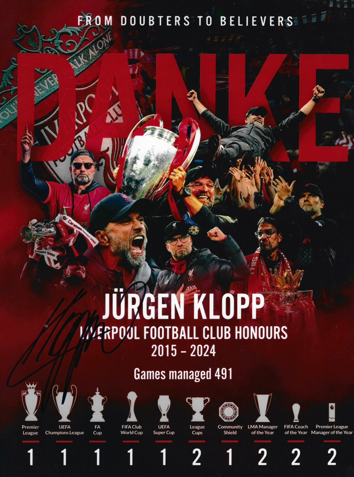 JURGEN KLOPP SIGNED LIVERPOOL FC CLUB CAREER HONOURS 16x12 PHOTO (AFTAL COA)