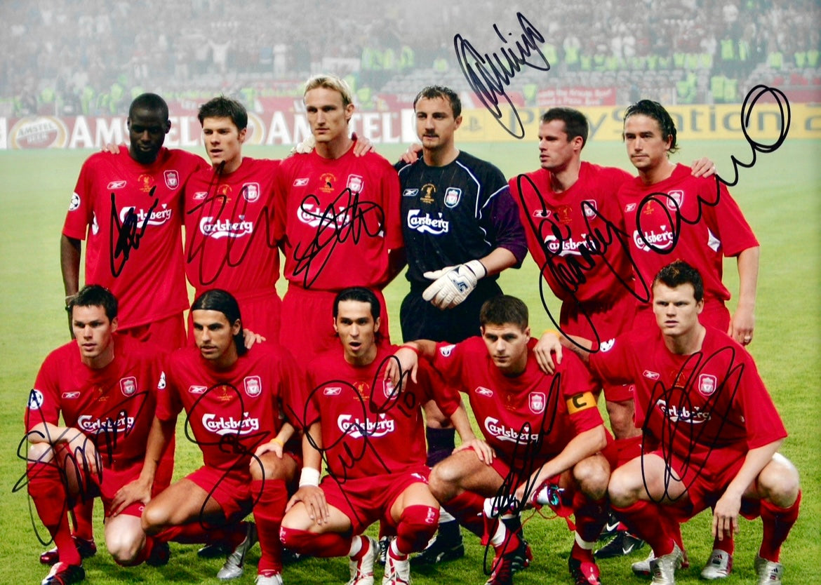 LIVERPOOL FC SIGNED ISTANBUL 2005 STARTING 11 16x12 PHOTO (AFTAL COA)
