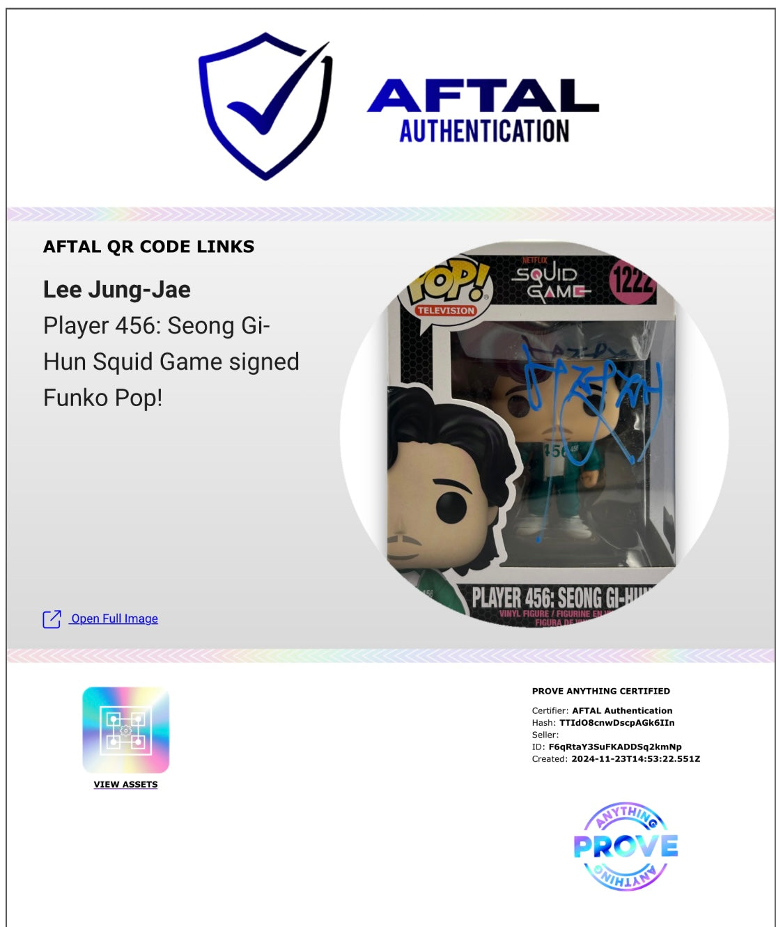 LEE JUNG-JAE SIGNED SQUID GAME #1222 FUNKO POP! (AFTAL AUTHENTICATED) 2