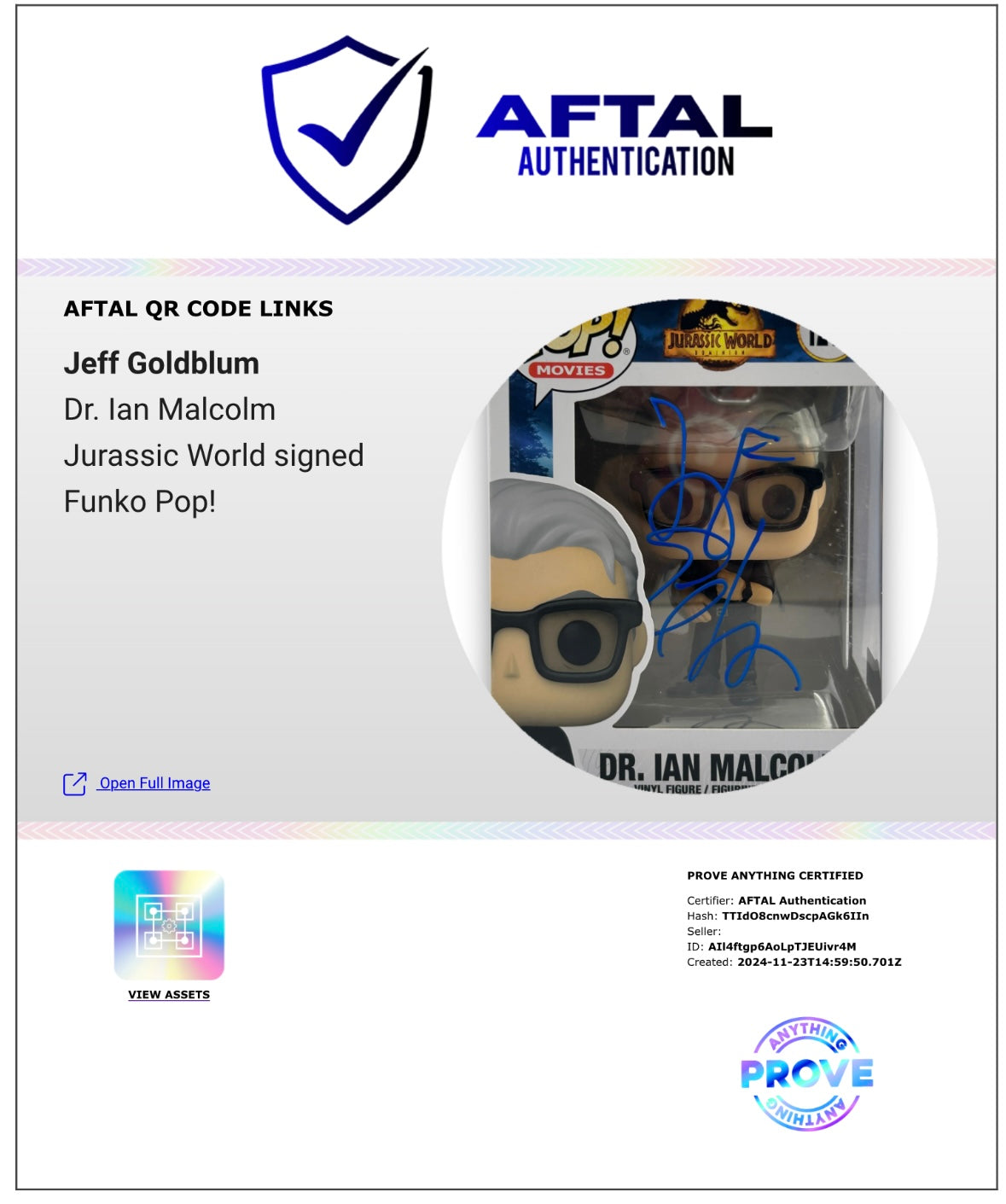 JEFF GOLDBLUM SIGNED DR. IAN MALCOLM #1213 FUNKO POP! (AFTAL AUTHENTICATED) 2