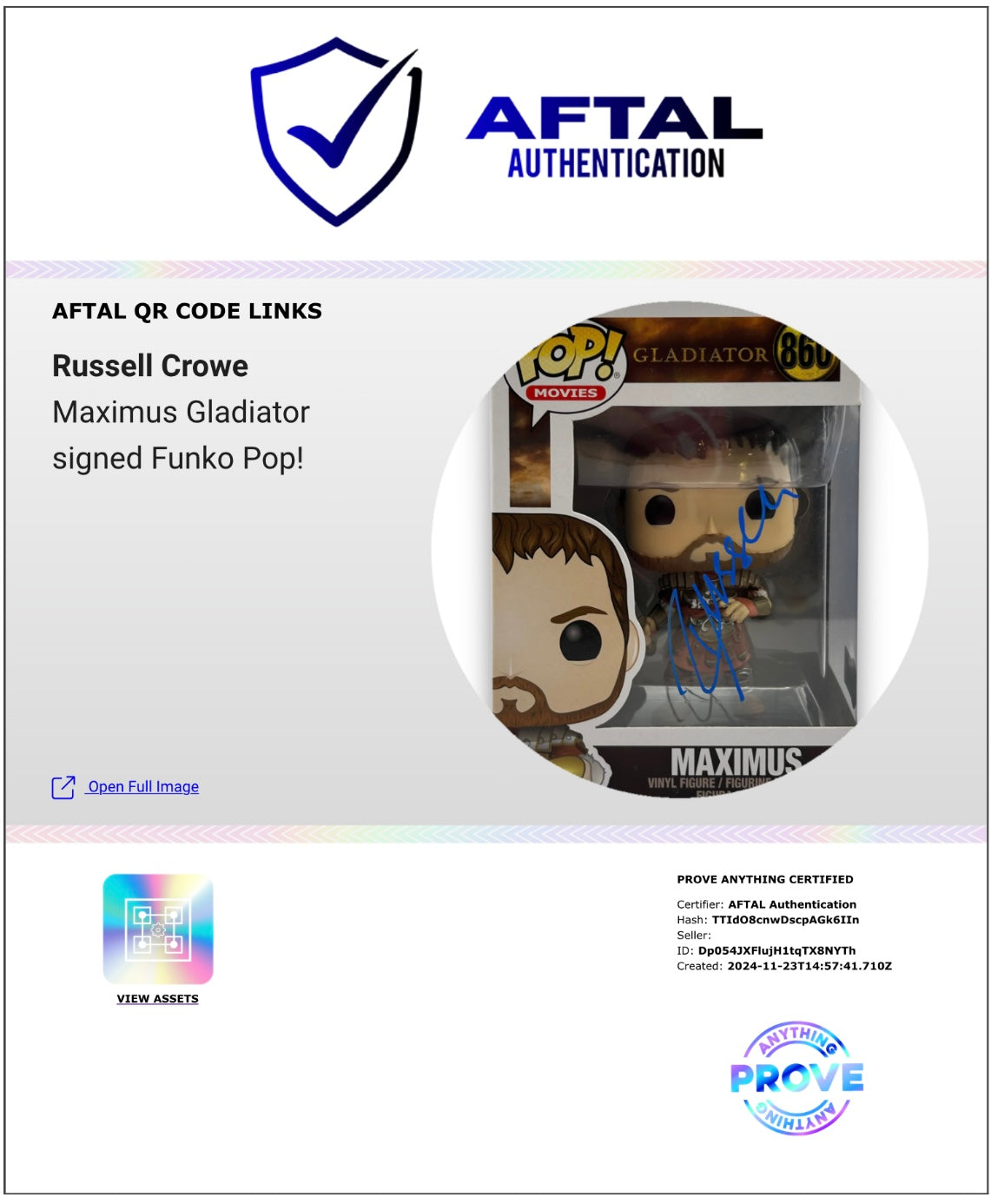 RUSSELL CROWE SIGNED MAXIMUS GLADIATOR #860 FUNKO POP! (AFTAL AUTHENTICATED)