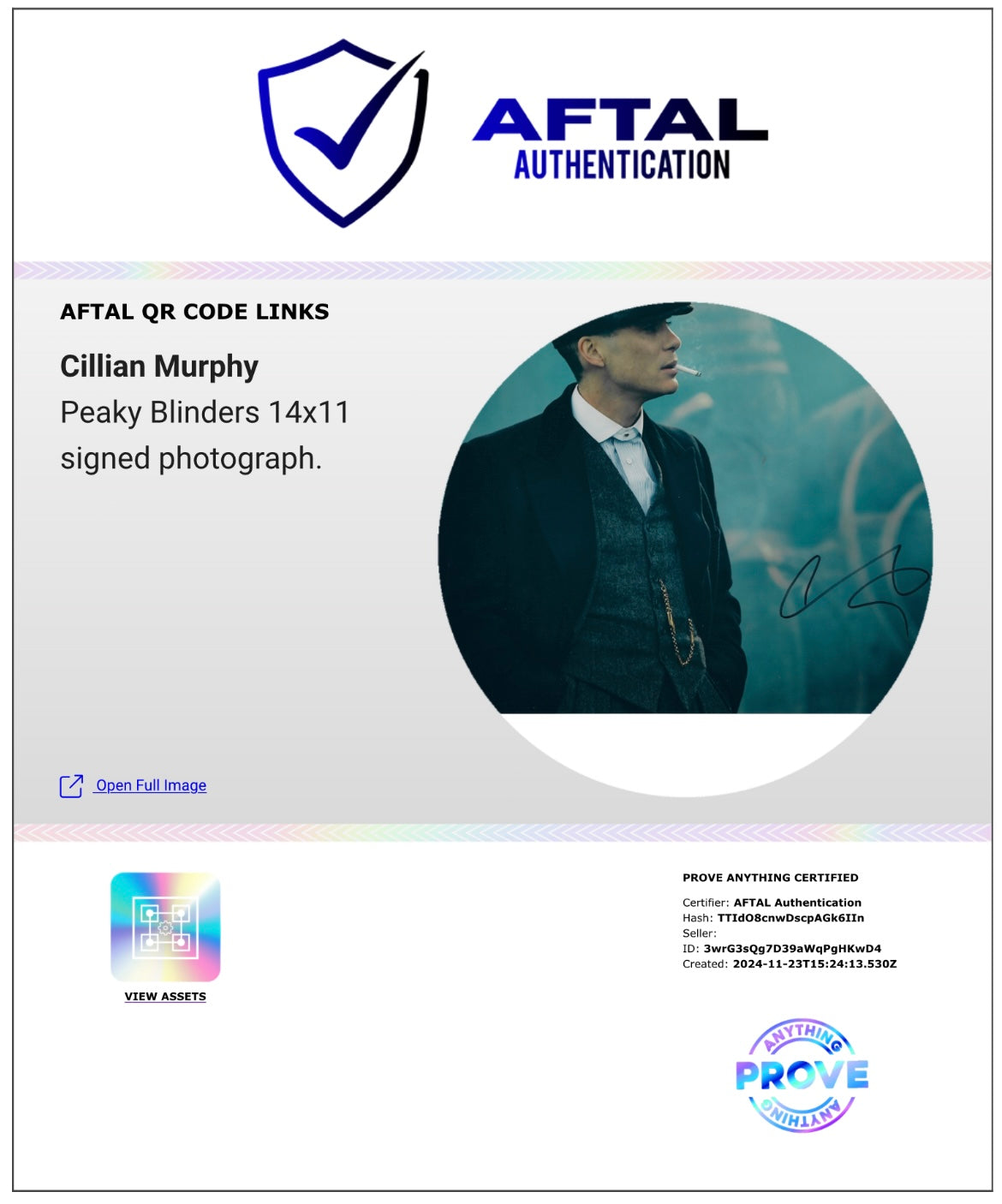 CILLIAN MURPHY SIGNED PEAKY BLINDERS 14x11 PHOTOGRAPH (AFTAL AUTHENTICATED)