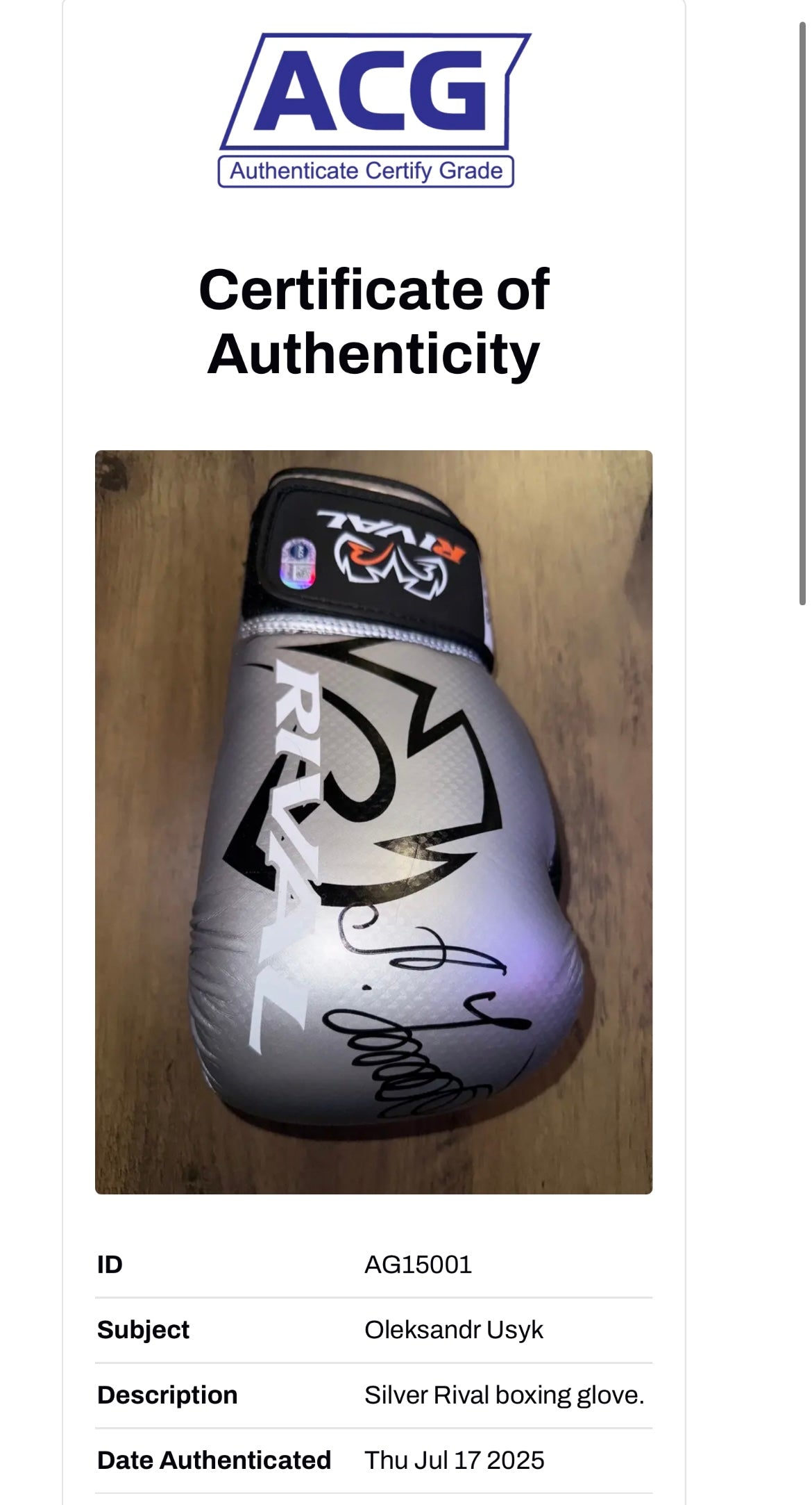 OLEKSANDR USYK SIGNED RIVAL SILVER BOXING GLOVE (ACG AG15001)
