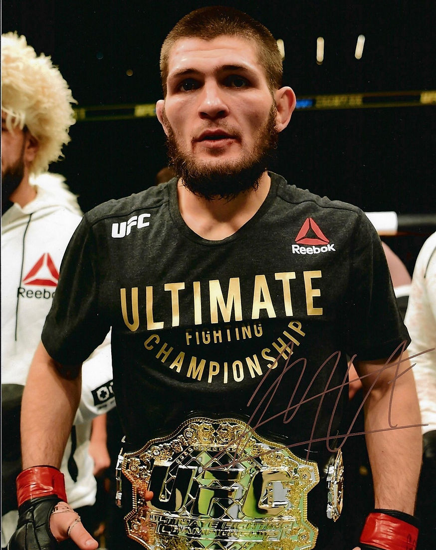 KHABIB NURMAGOMEDOV SIGNED UFC 14x11 KHABIB MCGREGOR PHOTOGRAPH (AFTAL COA) 2