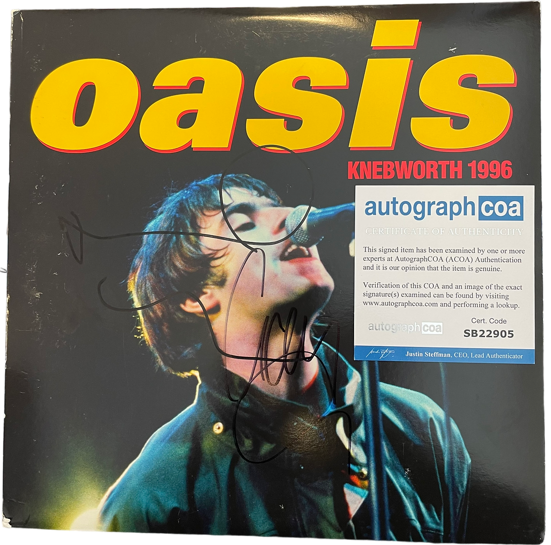 OASIS NOEL & LIAM GALLAGHER SIGNED KNEBWORTH 1996 OASIS VINYL (ACOA RACC COA)