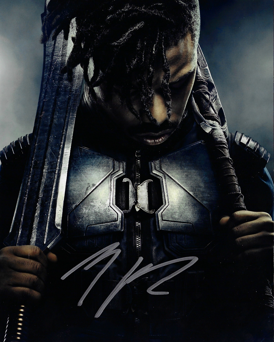 MICHAEL B JORDAN SIGNED BLACK PANTHER KILLMONGER 10X8 PHOTO (ACOA RACC COA)