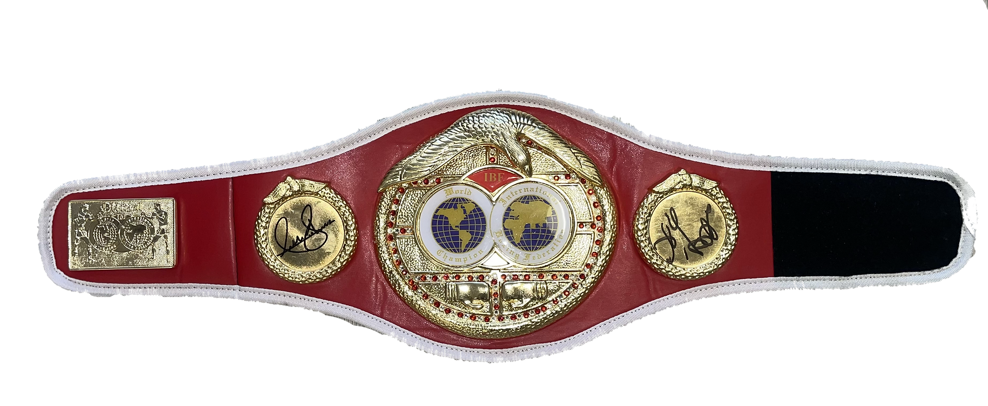 ANTHONY JOSHUA & OLEKSANDR USYK SIGNED IBF BOXING MINI CHAMPION BELT (AFTAL COA)