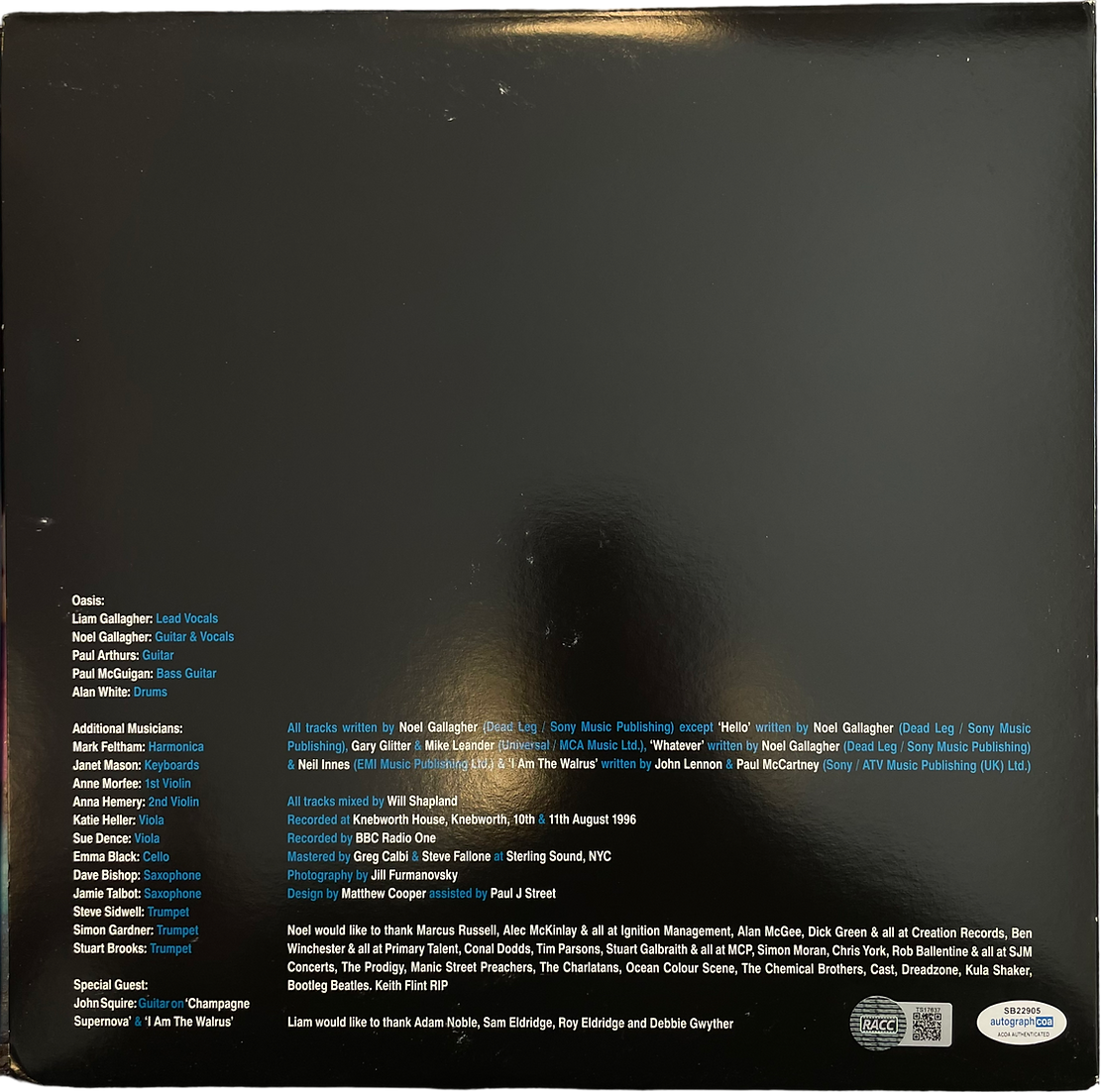OASIS NOEL & LIAM GALLAGHER SIGNED KNEBWORTH 1996 OASIS VINYL (ACOA RACC COA)