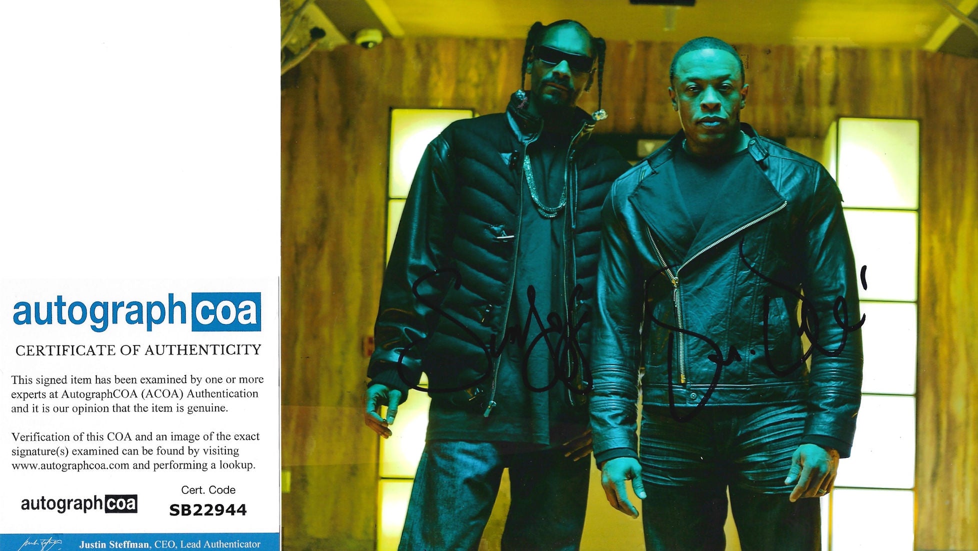 DR. DRE & SNOOP DOGG SIGNED 10X8 PHOTO WEST COAST RAP LA (ACOA RACC COA)