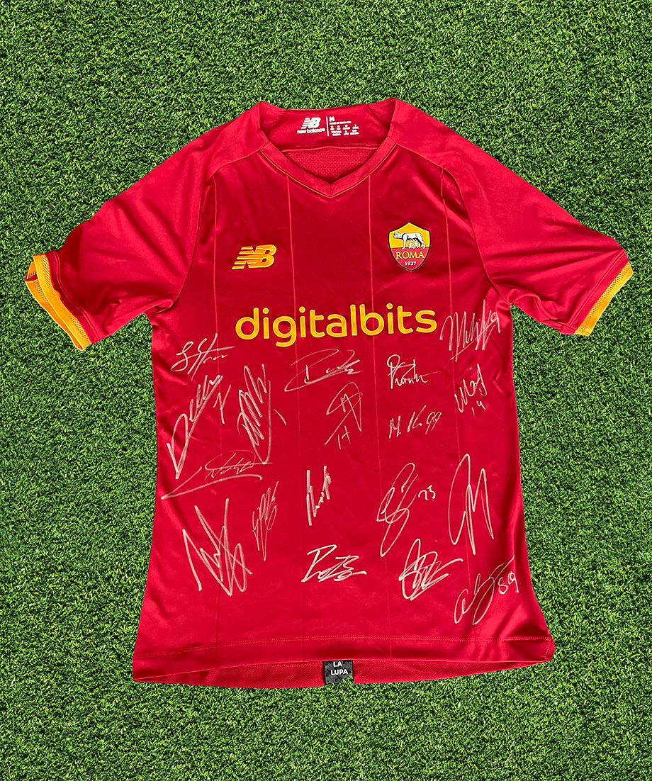 AS ROMA SQUAD SIGNED 2021/22 SHIRT ABRAHAM, ZANIOLO, BELOTTI (AFTAL COA)