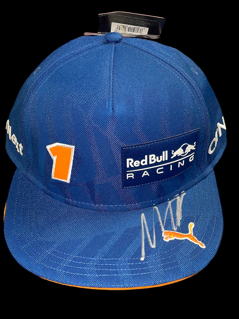 MAX VERSTAPPEN SIGNED RED BULL BLUE ORANGE PUMA FORMULA 1 CAP (AFTAL COA)