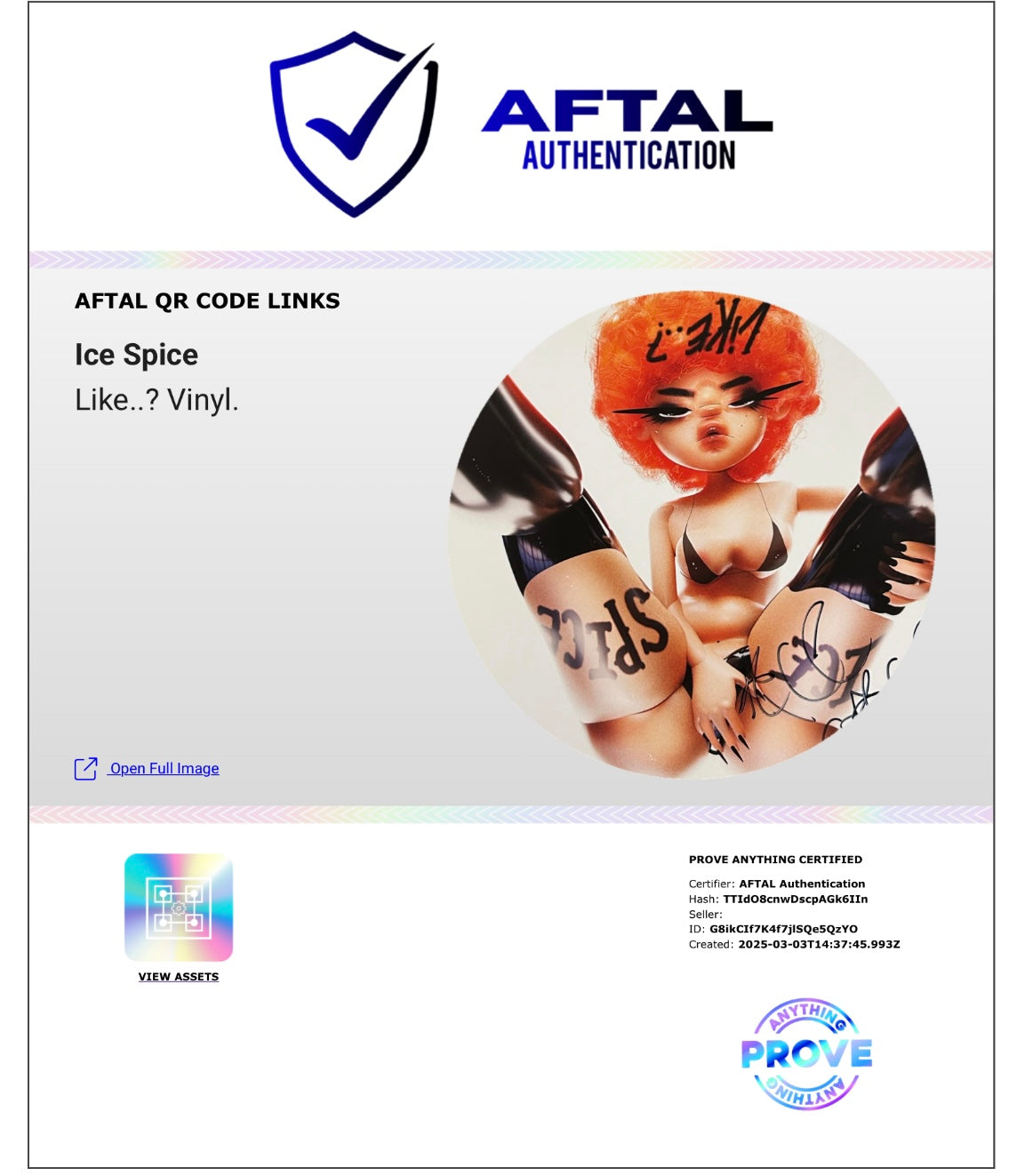 ICE SPICE SIGNED LIKE..? VINYL ALBUM (AFTAL AUTHENTICATED) 2