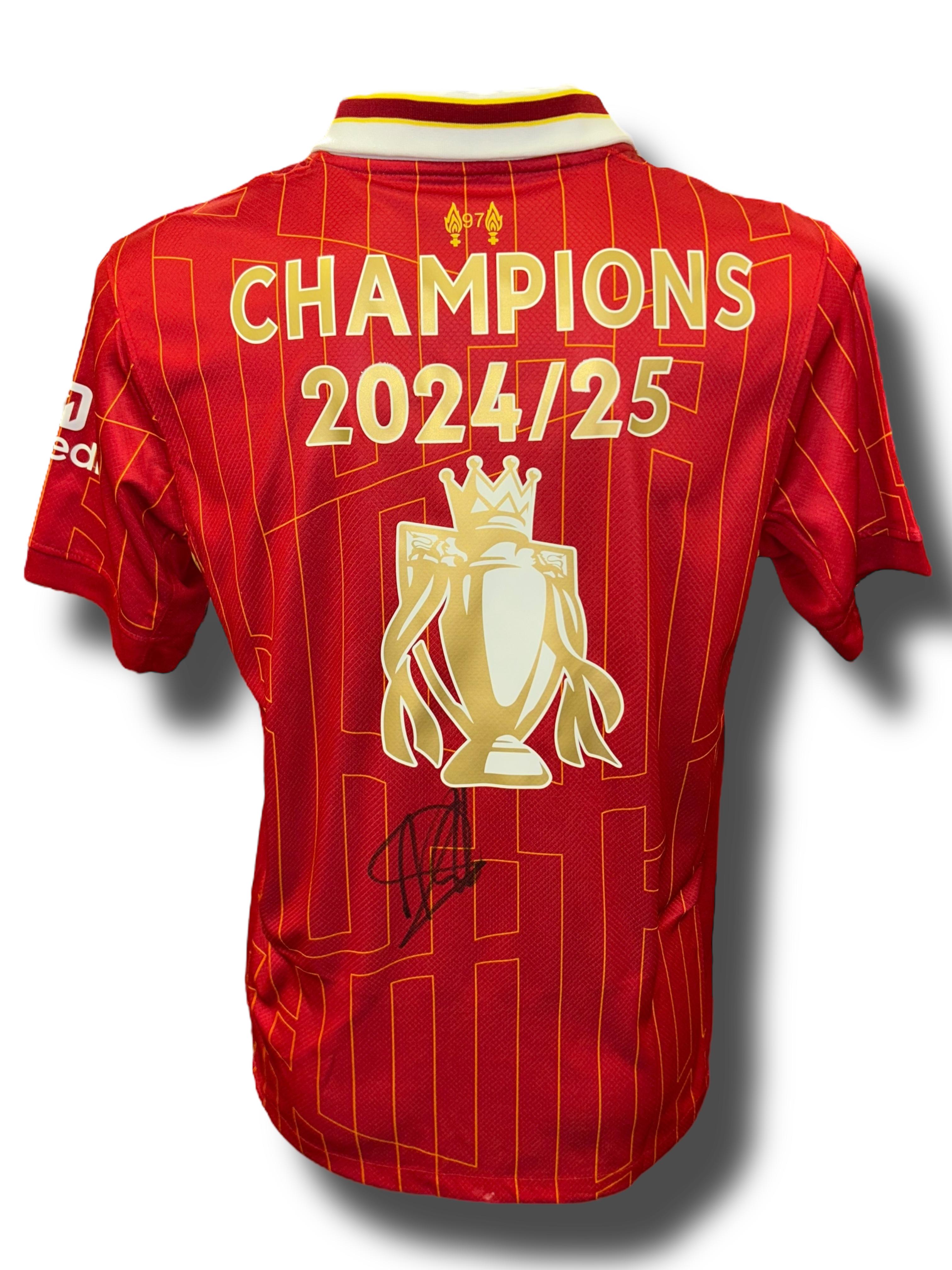 ARNE SLOT SIGNED LIVERPOOL FC 2024/25 CHAMPIONS GOLD TROPHY HOME SHIRT (AFTAL COA)
