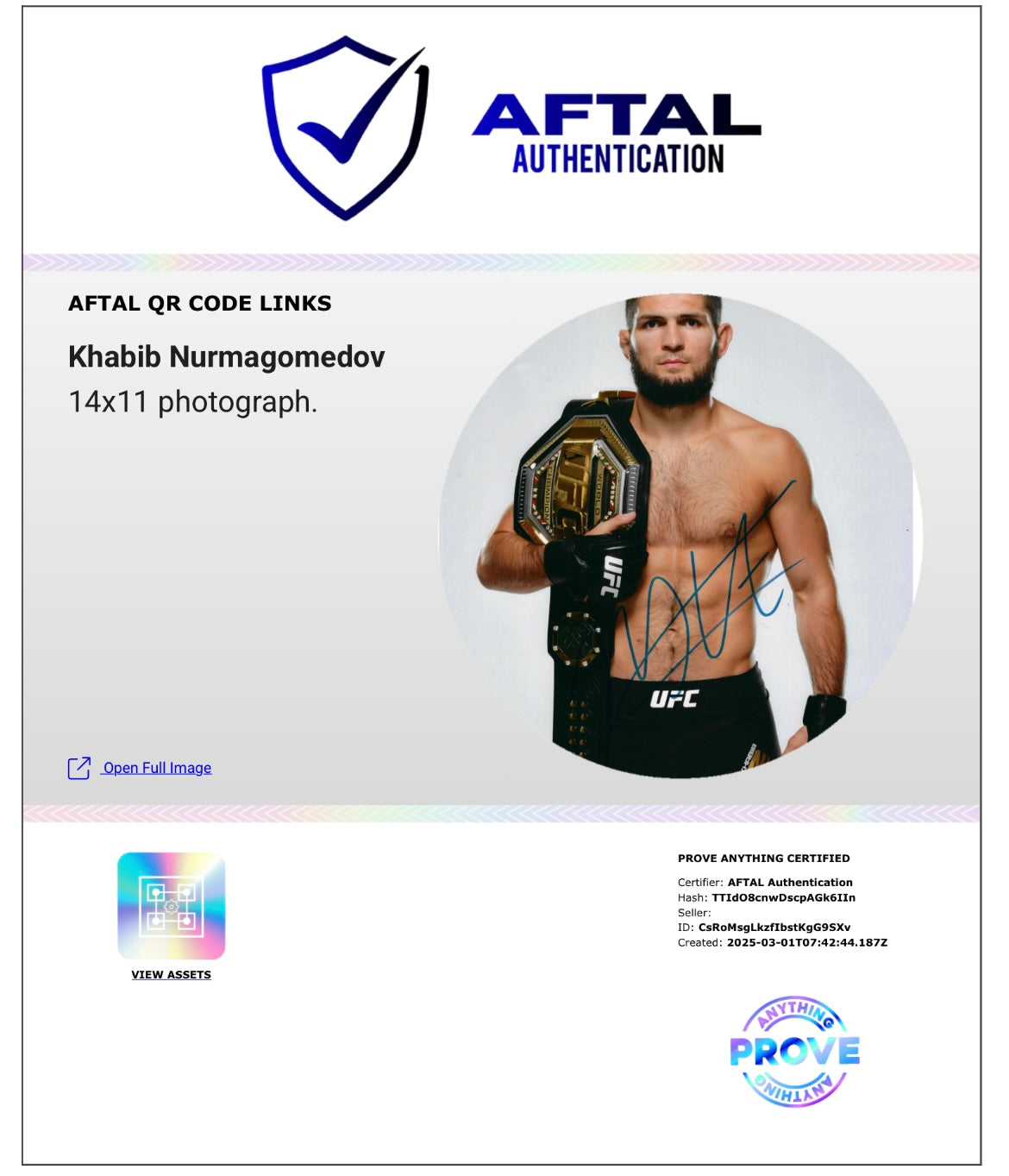 KHABIB NURMAGOMEDOV SIGNED UFC 14x11 PHOTO (AFTAL AUTHENTICATION)