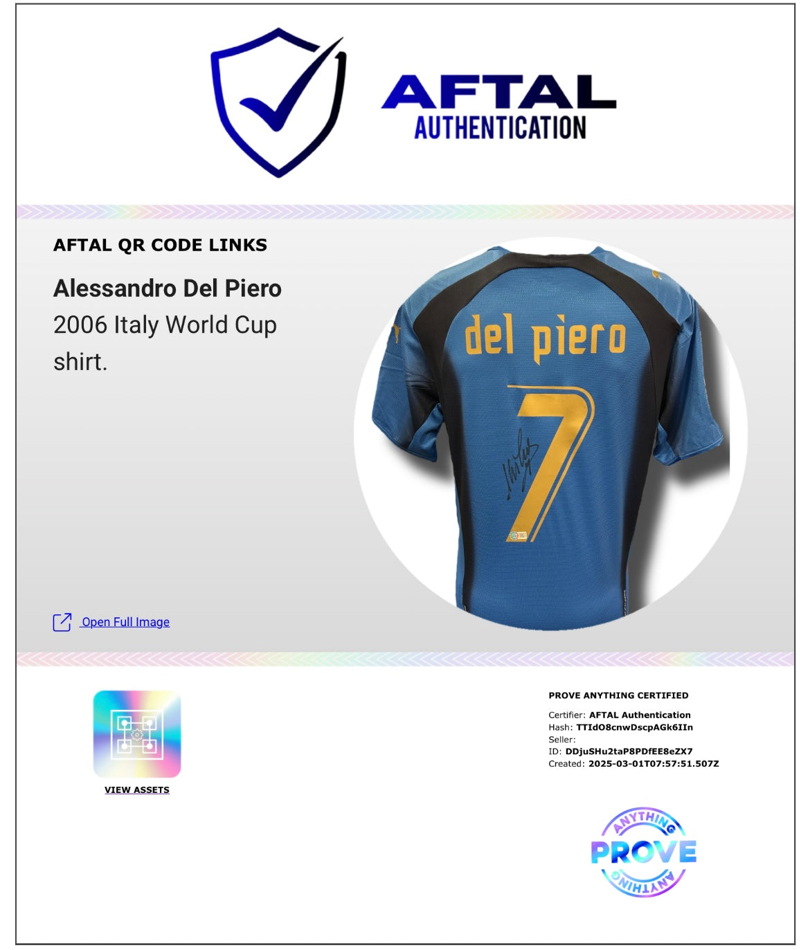 ALESSANDRO DEL PIERO SIGNED ITALY 2006 WORLD CUP SHIRT (AFTAL AUTHENTICATION)