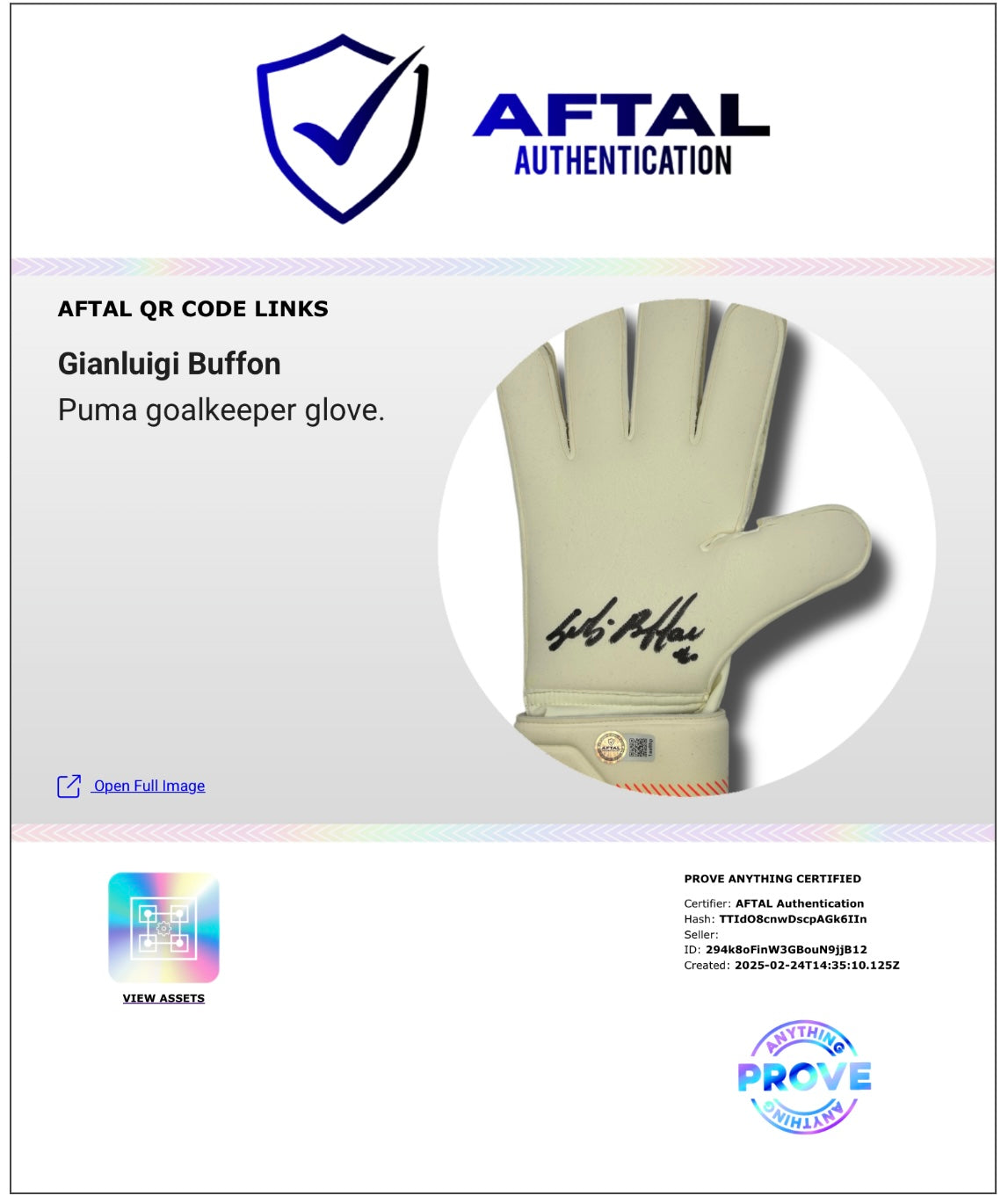 GIANLUIGI BUFFON SIGNED PUMA WHITE GOALKEEPER GLOVE R (AFTAL AUTHENTICATED)