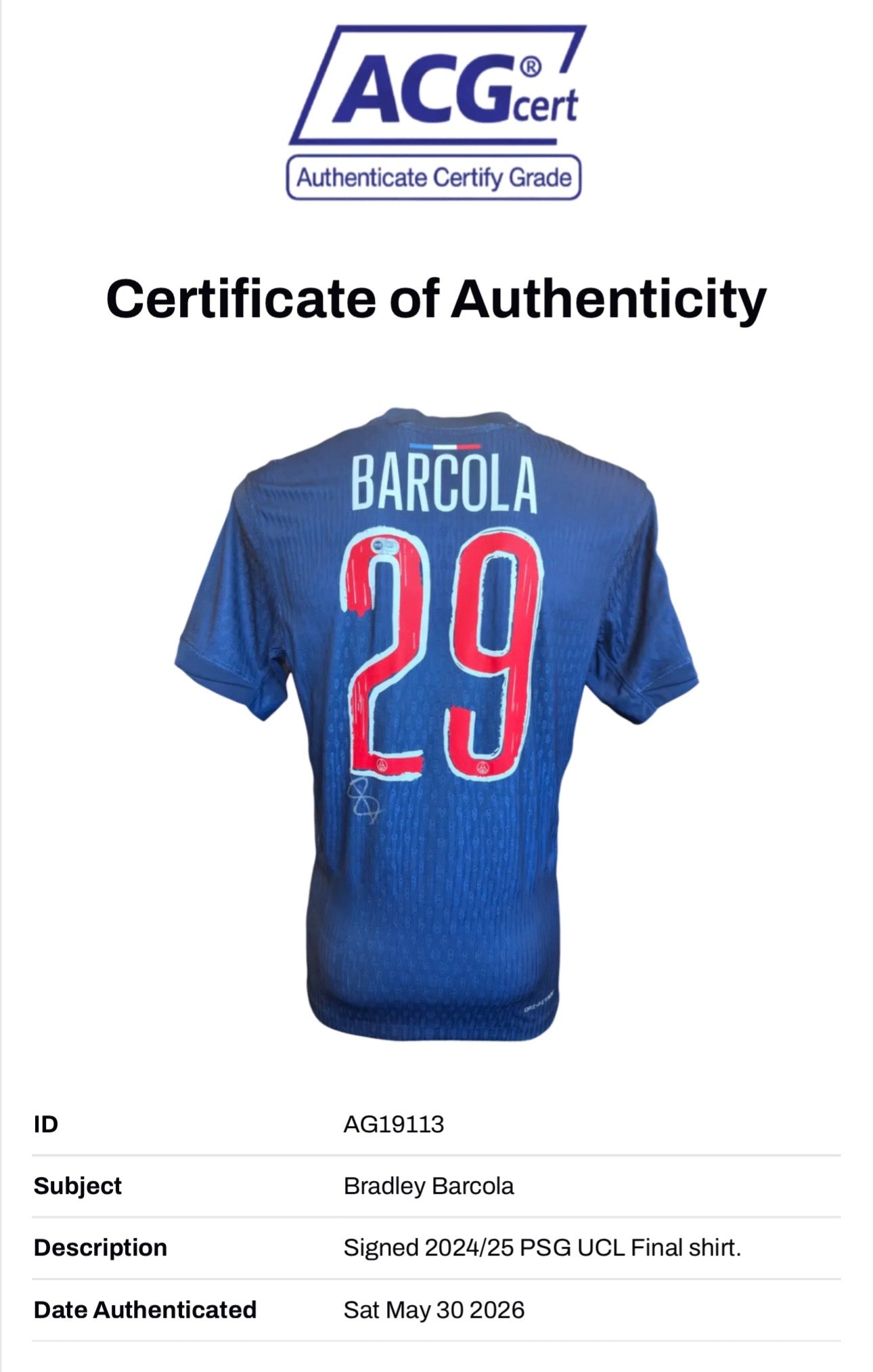 BRADLEY BARCOLA SIGNED 24/25 PARIS SAINT-GERMAIN PSG HOME SHIRT (ACG CERT AG19113)