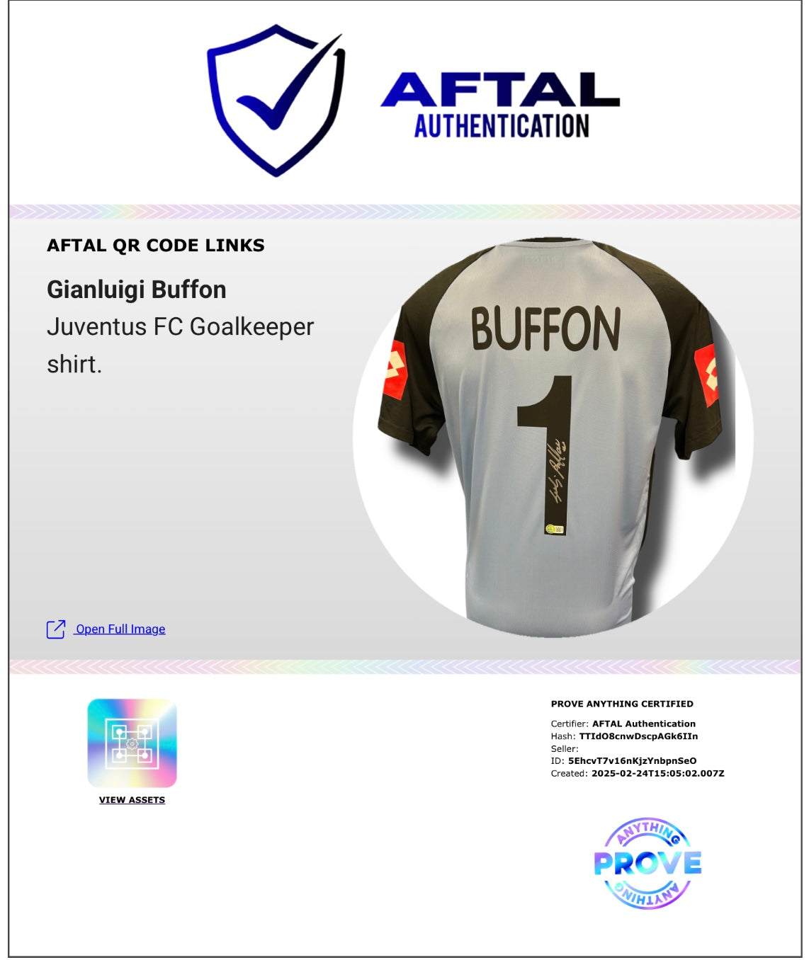 GIANLUIGI BUFFON SIGNED 2002/03 JUVENTUS GOALKEEPER SHIRT (ACG CERT AG16719)