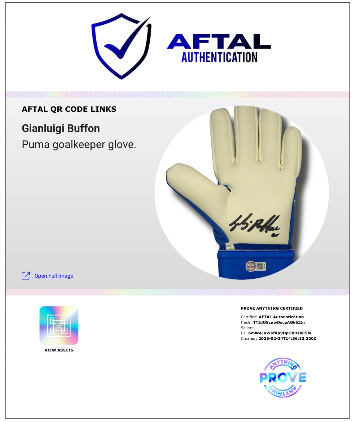 GIANLUIGI BUFFON SIGNED PUMA BLUE GOALKEEPER GLOVE L (AFTAL AUTHENTICATED)