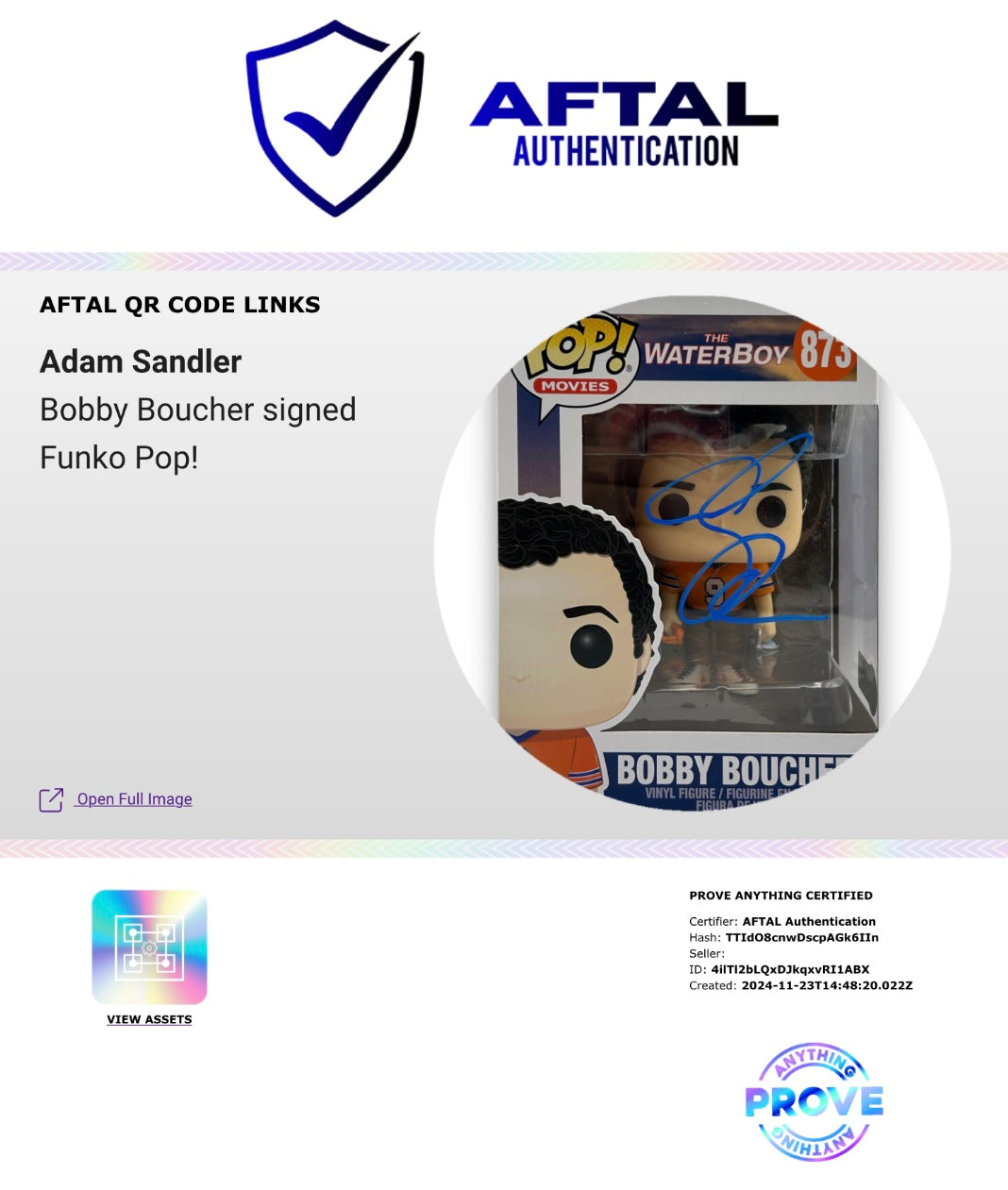 ADAM SANDLER SIGNED BOBBY BOUCHER #873 FUNKOPOP THE WATERBOY (AFTAL AUTHENTICATED)