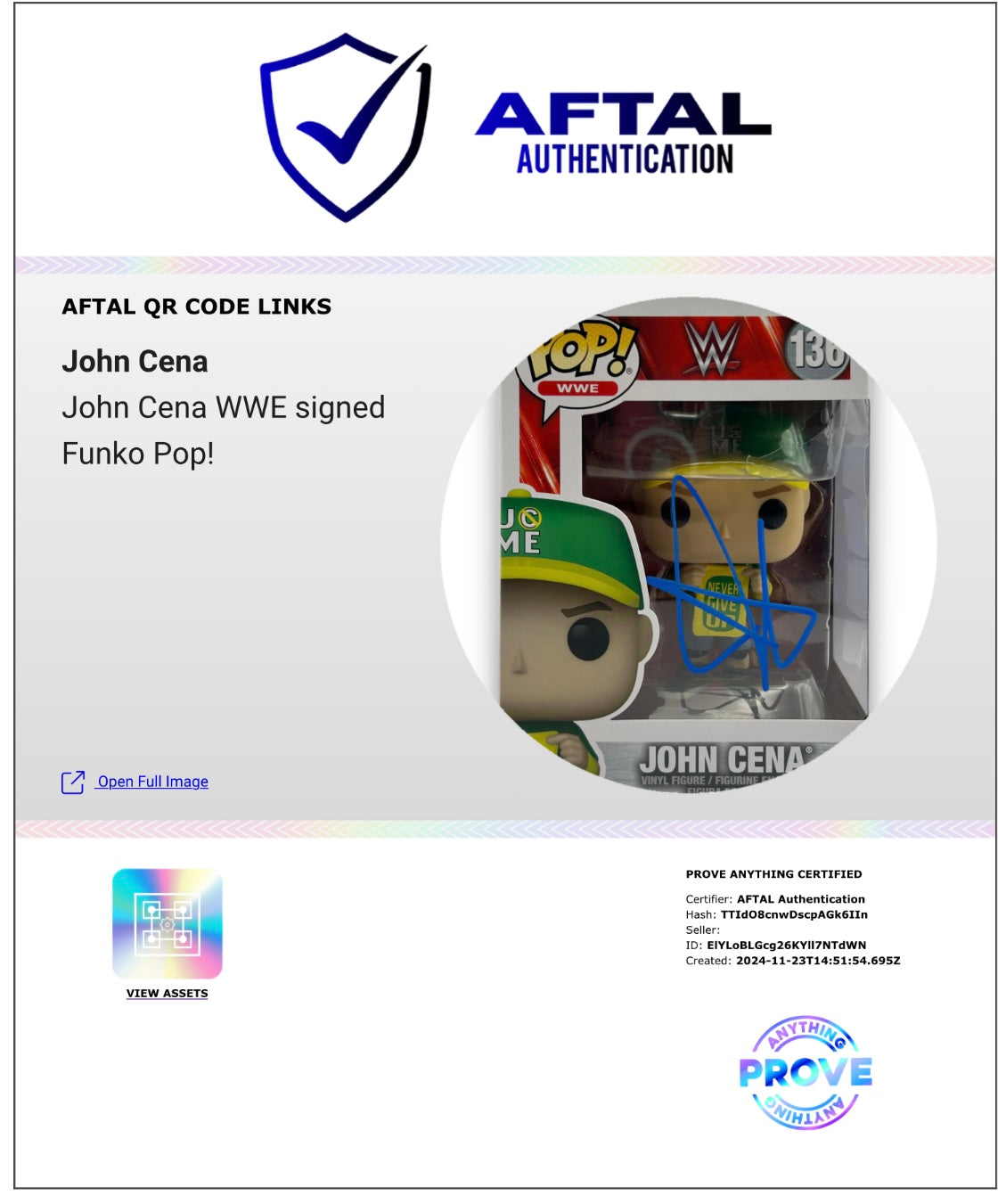 JOHN CENA SIGNED WWE NEVER GIVE UP #1237 FUNKO POP (AFTAL AUTHENTICATED)