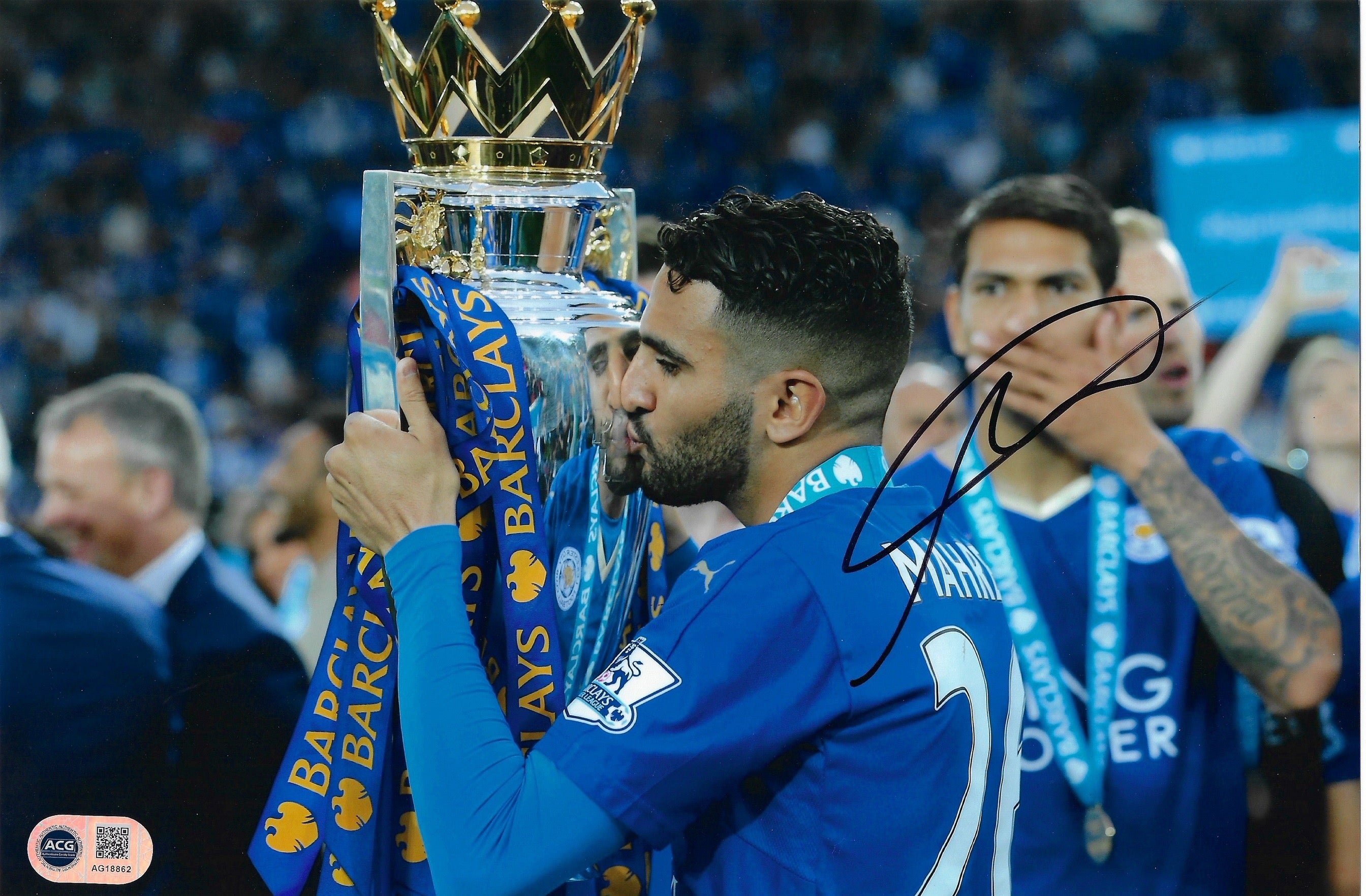 RIYAD MAHREZ SIGNED LEICESTER CITY PL CHAMPIONS 12X8 PHOTO (ACG CERT AG18862)