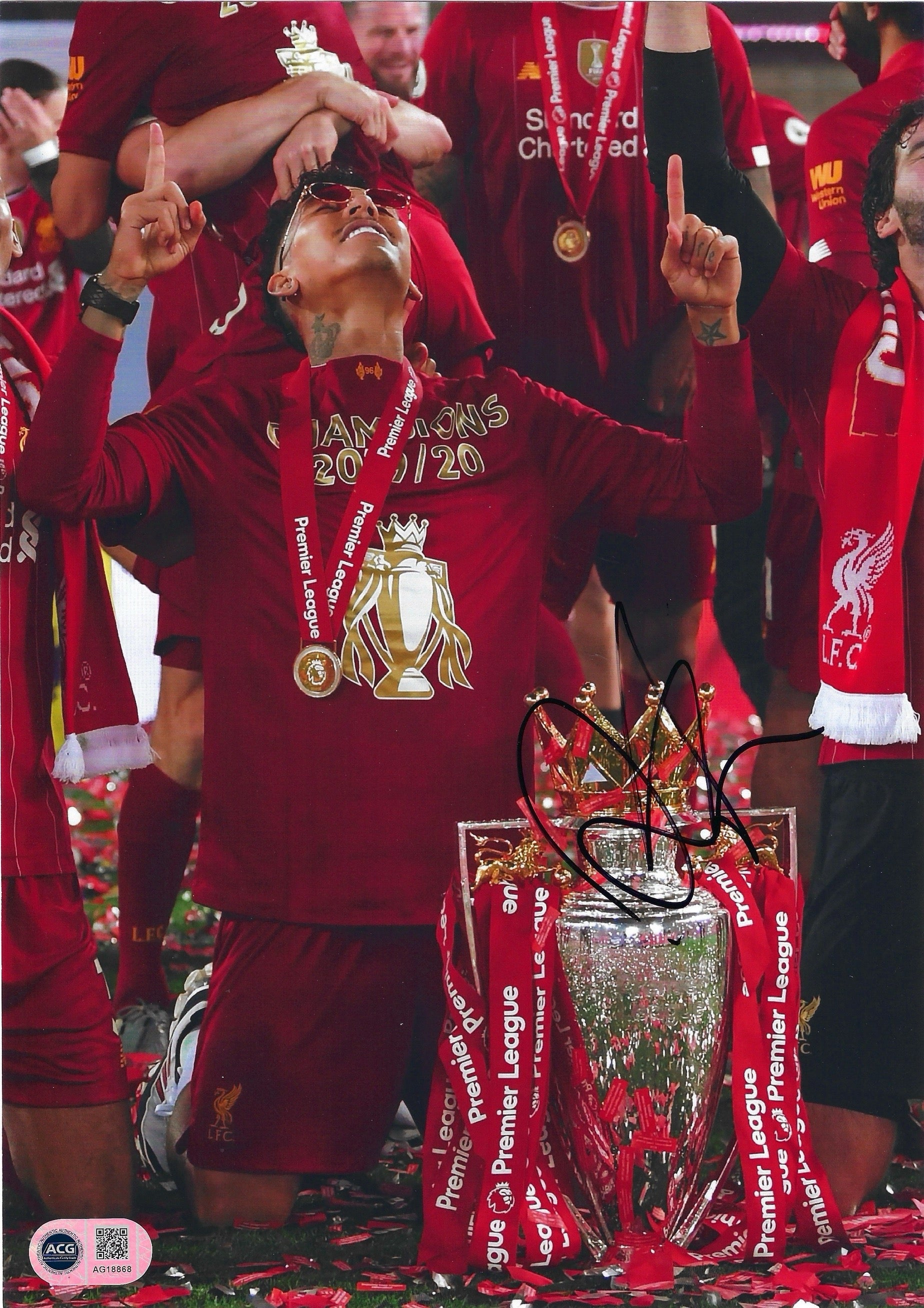 ROBERTO FIRMINO SIGNED LIVERPOOL PREM WINNERS 12X8 PHOTO (ACG CERT AG18868)