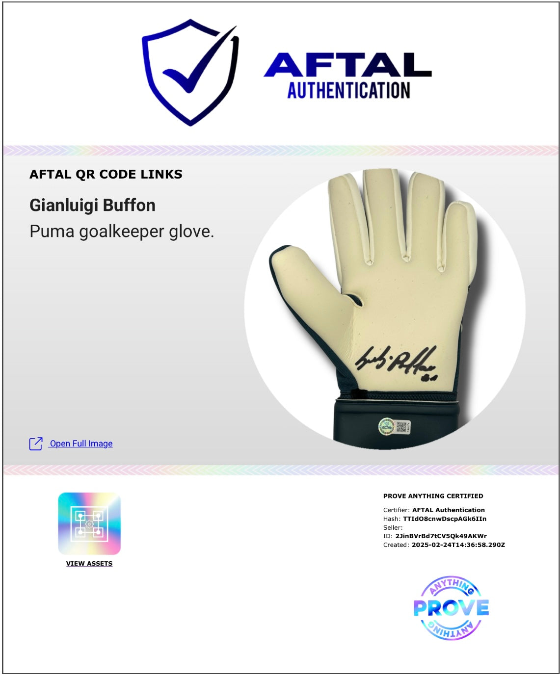 GIANLUIGI BUFFON SIGNED PUMA NAVY GOALKEEPER GLOVE L (AFTAL AUTHENTICATED)