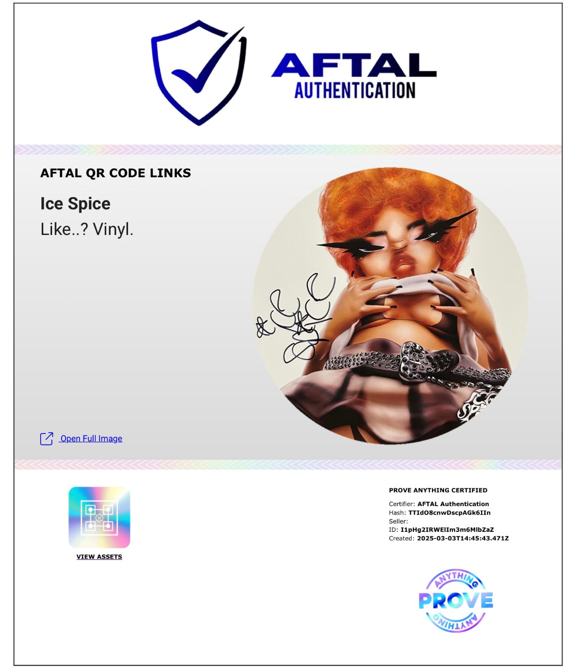 ICE SPICE SIGNED LIKE..? VINYL ALBUM (AFTAL AUTHENTICATED)