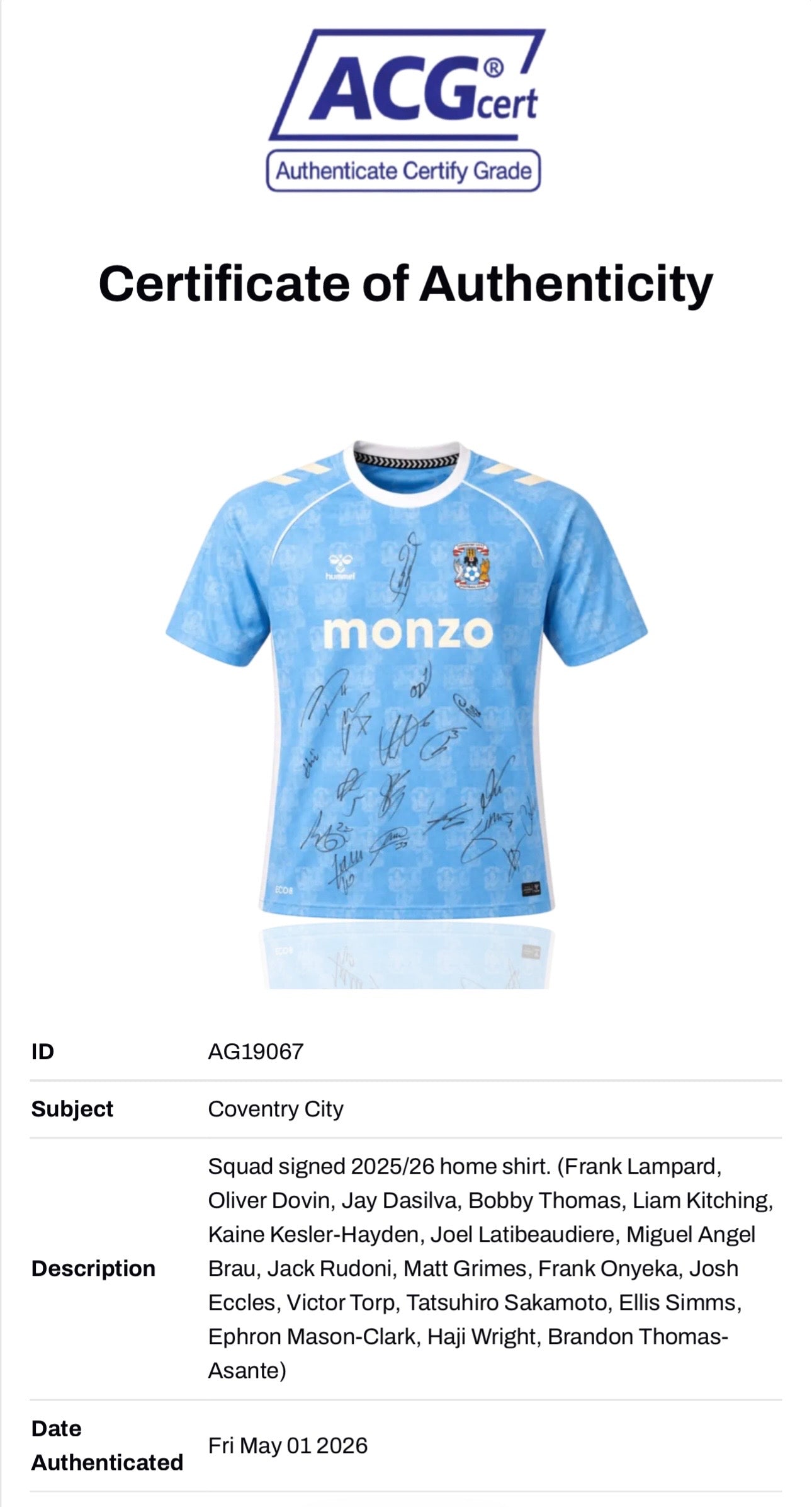COVENTRY CITY FC 2025/26 CHAMPIONS SQUAD SIGNED HOME SHIRT (ACG CERT AG19067)