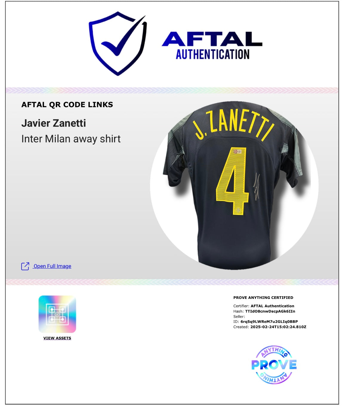 JAVIER ZANETTI SIGNED INTER MILAN 2004/05 AWAY SHIRT ZANETTI 4 (AFTAL AUTHENTICATED)