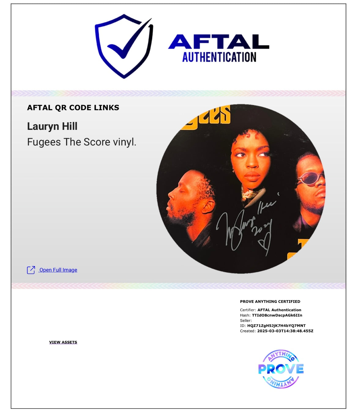 LAURYN HILL SIGNED FUGEES THE SCORE VINYL (AFTAL AUTHENTICATED) 3
