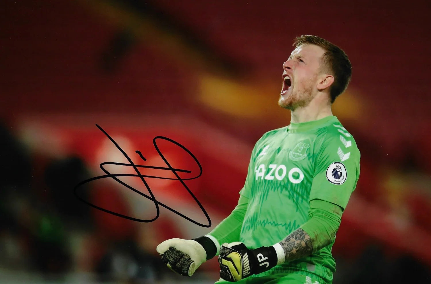 JORDAN PICKFORD SIGNED EVERTON FC 12X8 PHOTOGRAPH (AFTAL COA)
