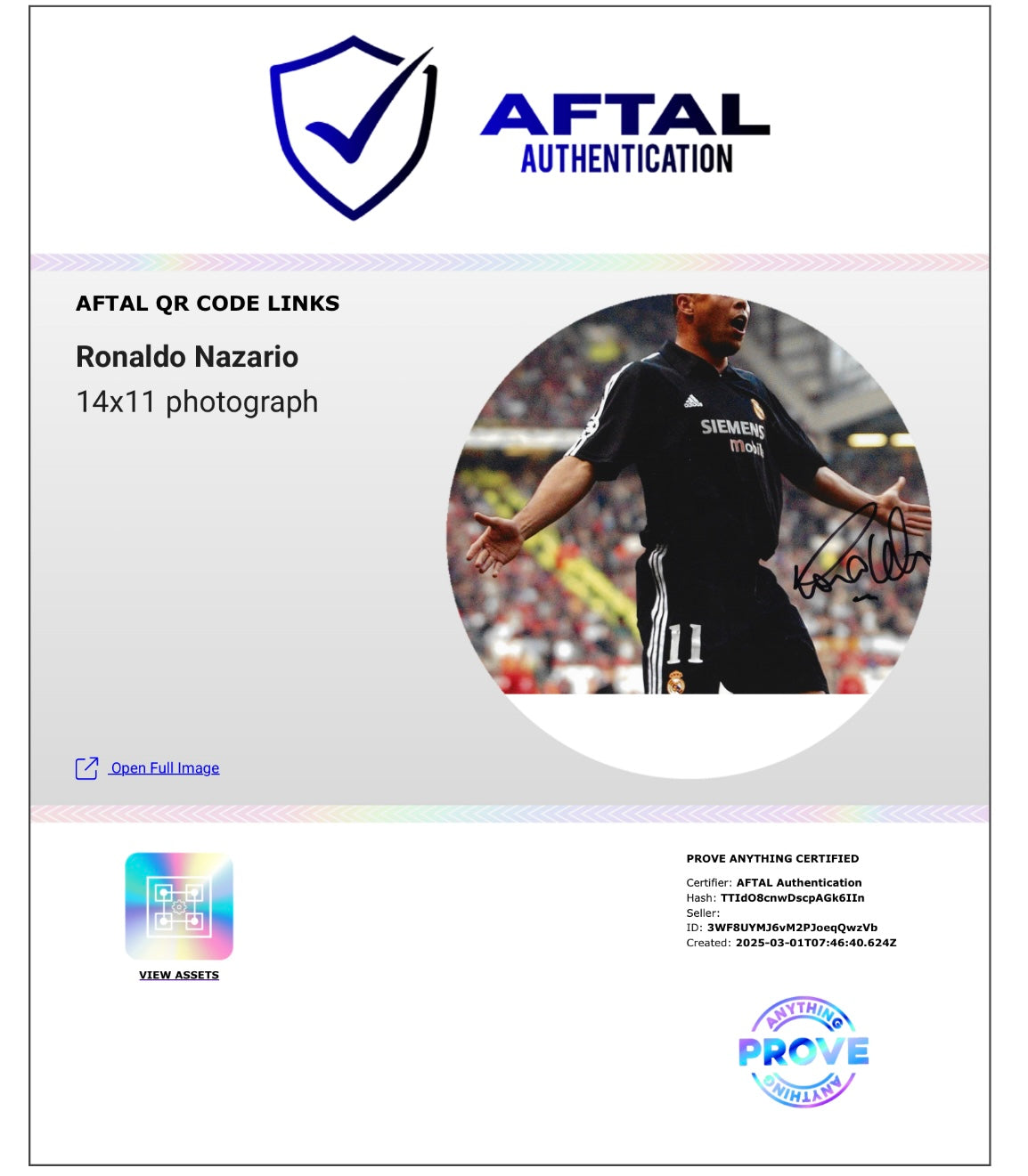 RONALDO NAZARIO SIGNED REAL MADRID UCL HAT TRICK 14x11 PHOTO (AFTAL AUTHENTICATED)