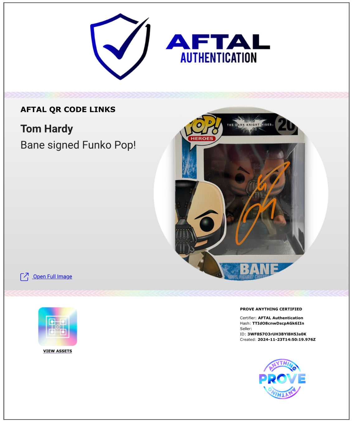 TOM HARDY SIGNED BANE DARK KNIGHT RISES #20 FUNKO POP! (AFTAL AUTHENTICATED)